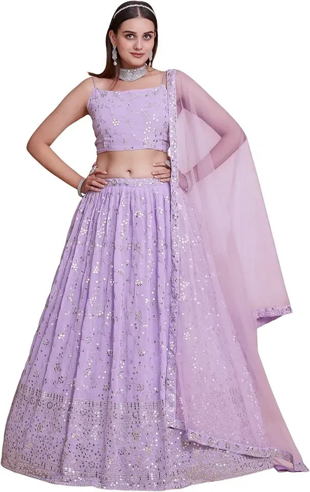 Women's Lavender Sequins Embroidered Lehenga Choli with Net Dupatta, Ready to Wear