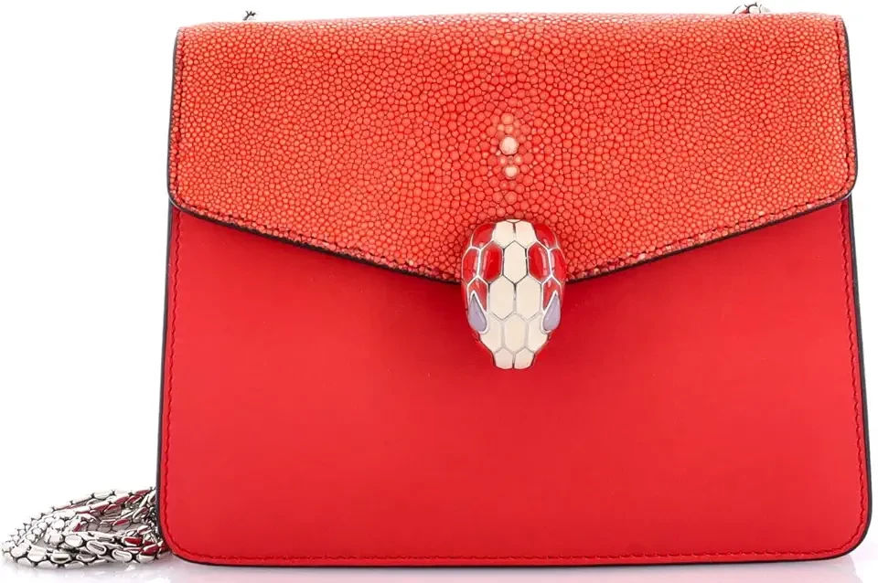 Pre-Loved Serpenti Forever Square Shoulder Bag Leather and Stingray Small, Red