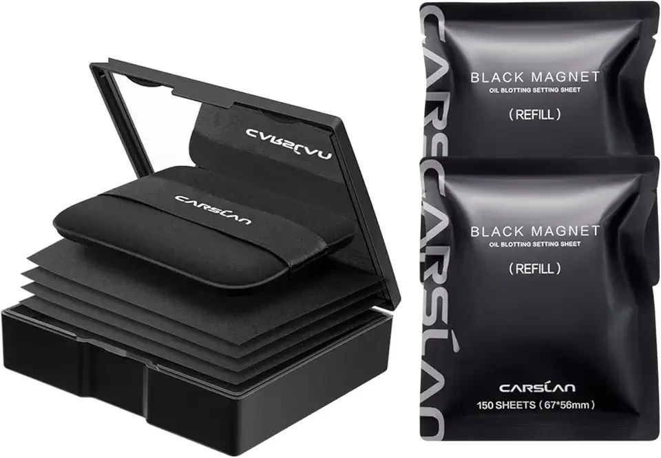 CARSLAN Makeup Blotting Paper with Powder, Black Magnet Blotting Sheet for Oily & Combination Skin, Portable Compact with Puff & Mirror, Keeps Makeup Fresh All Day, 450 Sheets + 8 Refill Adhesive Pads