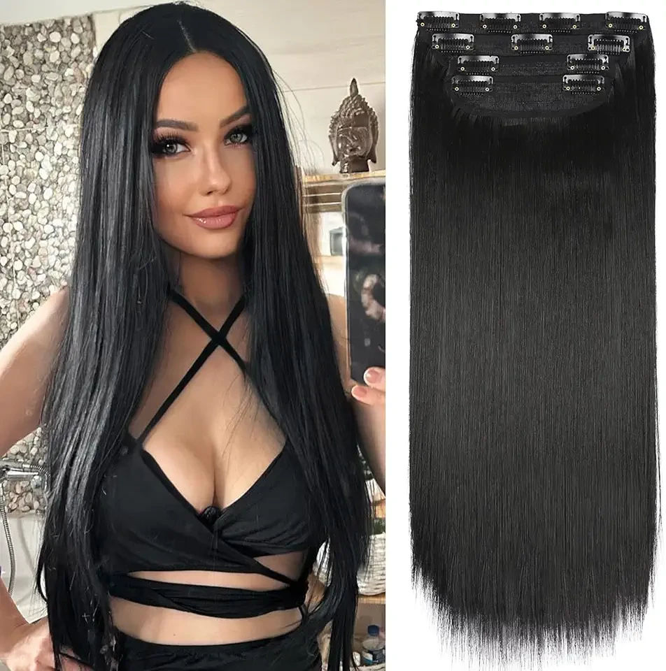 Black Hair Extensions Straight Clip in Hair Extensions Clip ins - Soft and Thick (20 Inches, 4Pcs, #1B)