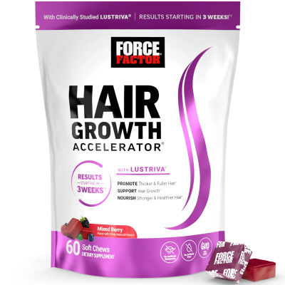 Force Factor Hair Growth Accelerator Soft Chews, Hair Growth Vitamins for Women and Men with Clinically Studied Lustriva and Biotin, Promotes Thicker, Fuller, Stronger Hair, Mixed Berry, 60 Soft Chews