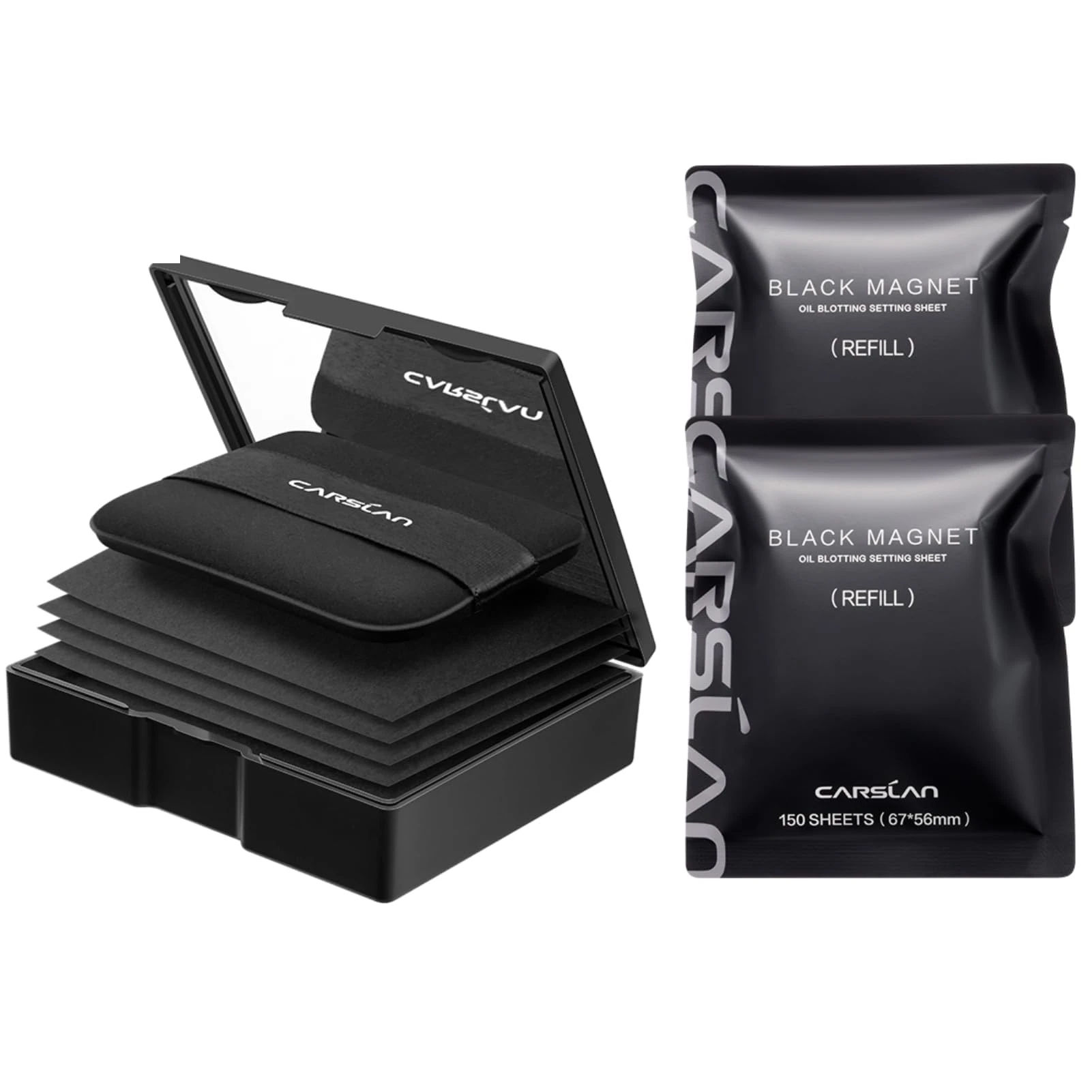 CARSLAN Makeup Blotting Paper with Powder, Black Magnet Blotting Sheet for Oily & Combination Skin, Portable Compact with Puff & Mirror, Keeps Makeup Fresh All Day, 450 Sheets + 8 Refill Adhesive Pads