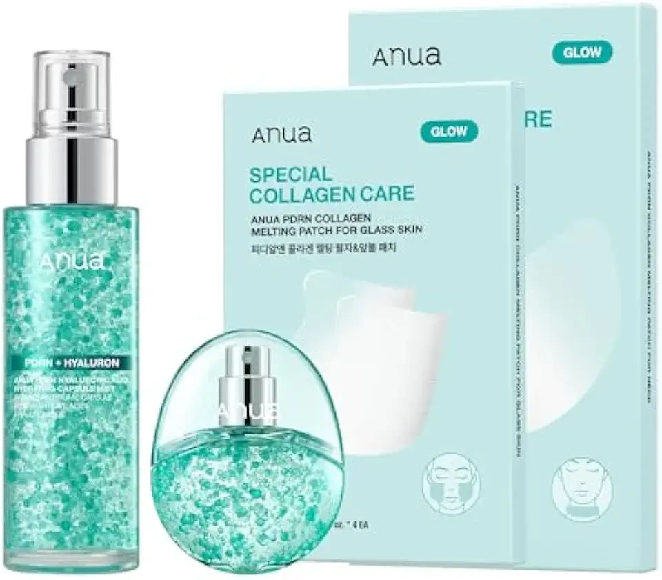 ANUA PDRN Glass Skin Routine Set, Hydrating Mist Duo (100ml & Travel Size 30ml), Firming Neck Care Patch & Radiant Glass Skin Face Patch Set for Deep Hydration & Healthy Glow Skin, Korean Skincare
