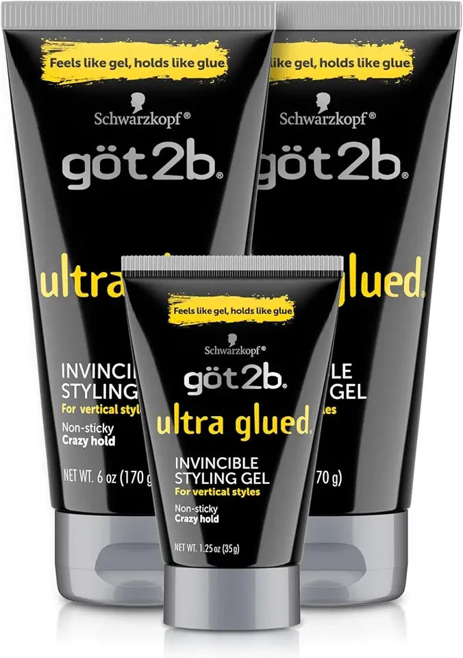 Ultra Glued Invincible Styling Gel Set, 6 Fl Oz (2-Tube) + 1.25 Fl Oz Travel Size, Hair Gel for Men and Women with Extra Strong Hold, Non-Sticky, No-Flake Formula for Vertical Styles