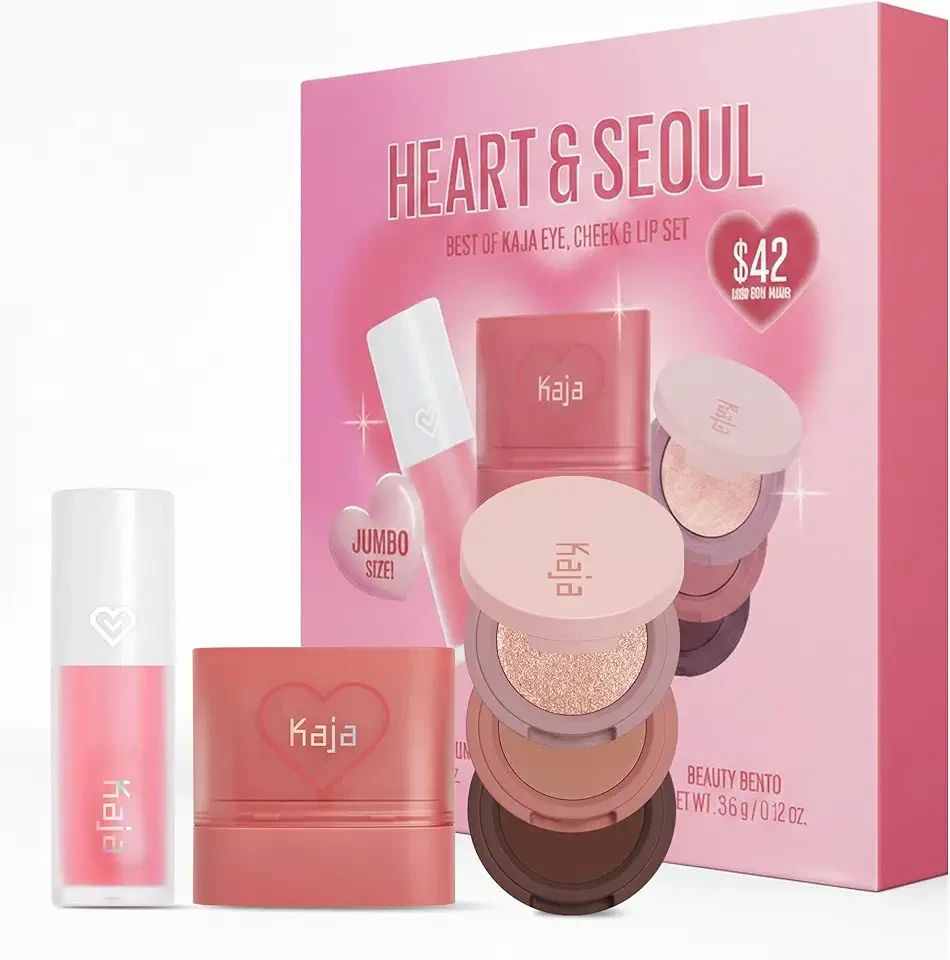 Heart & Seoul Best of Kaja Eye, Cheek & Lip Set - Includes Jumbo-Sized Plumping Lip Oil Gloss, Cheek & Lip Blush Dewy Bar & 3-Color Beauty Bento Eyeshadow Palette - Face Makeup Women Gift Set