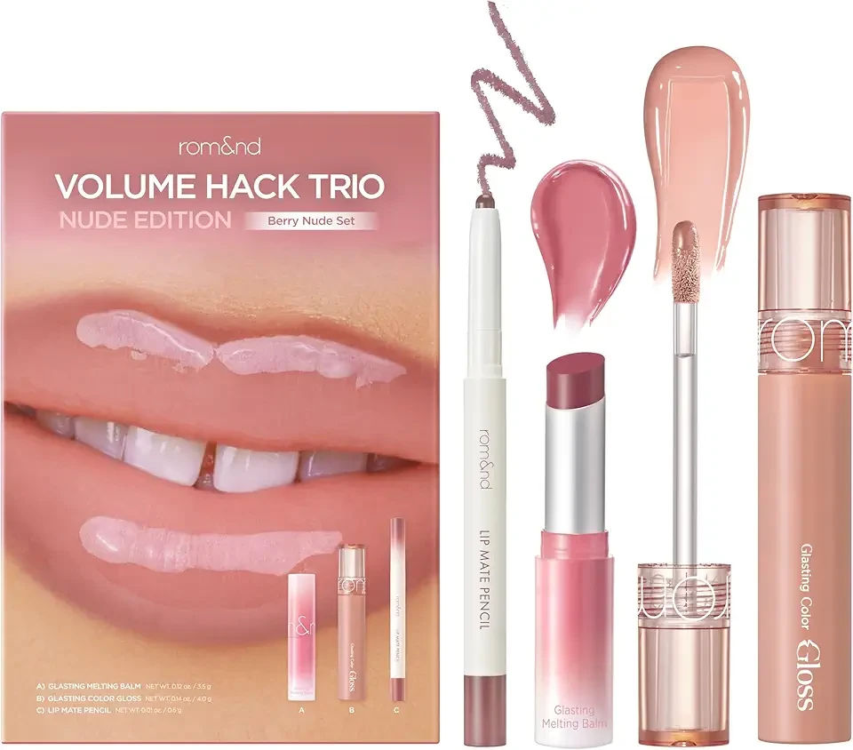 rom&nd Volume Hack Trio Berry Nude Set | 3-Step Plumping Lip Kit for Defined, High-Shine Lips | TikTok Viral Cool-Tone Gradient
