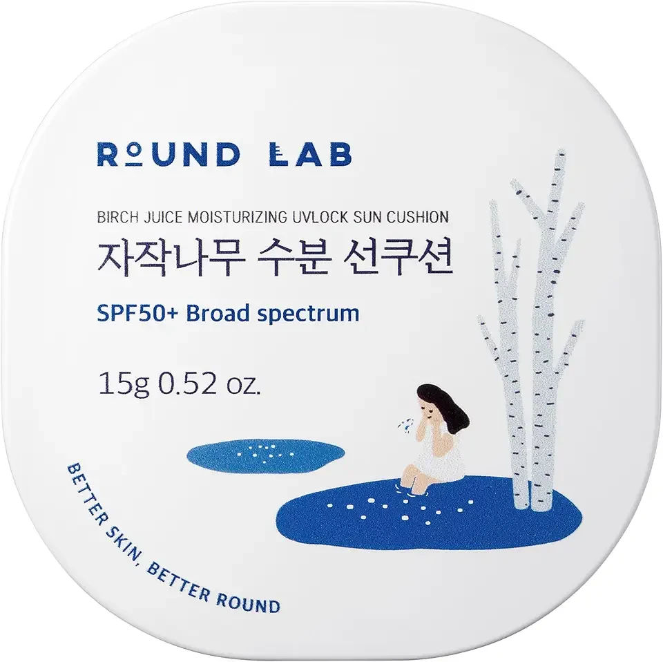 Round Lab Birch Juice Moisturizing UV Lock Sun Cushion, SPF50+ Broad Spectrum, 0.52 oz, Sunscreen for All Family Members, Over Makeup Poratable Sun cushion, No White cast, Korean Sunscreen