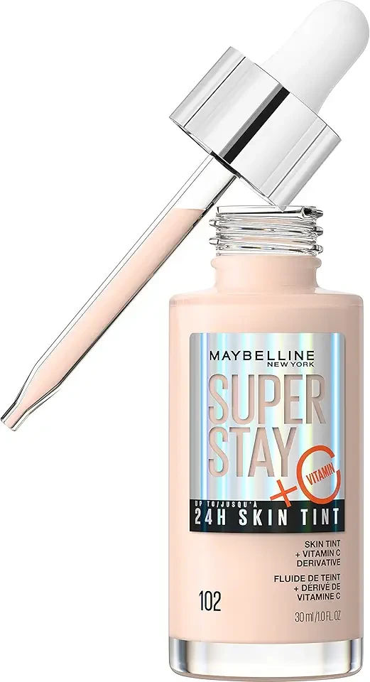 Maybelline Super Stay Up to 24HR Skin Tint, Radiant Light-to-Medium Coverage Foundation, Makeup Infused With Vitamin C, 102, 1 Count