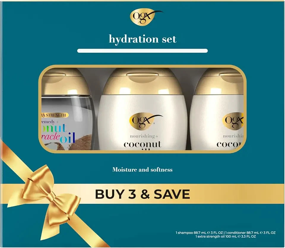 OGX Giftset Nourishing + Coconut Milk Shampoo & Conditioner & Extra Strength Damage Remedy + Coconut Miracle Oil Penetrating Hair Oil (3pc Hydration Set)
