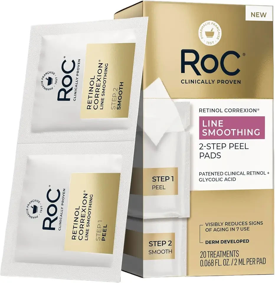 Retinol Correxion Line Smoothing 2-Step Peel Pads with Clinical Retinol & 5-Acid Blend, Resurfacing Treatment for Fine Lines, Dullness, and Pores, 20 Treatments