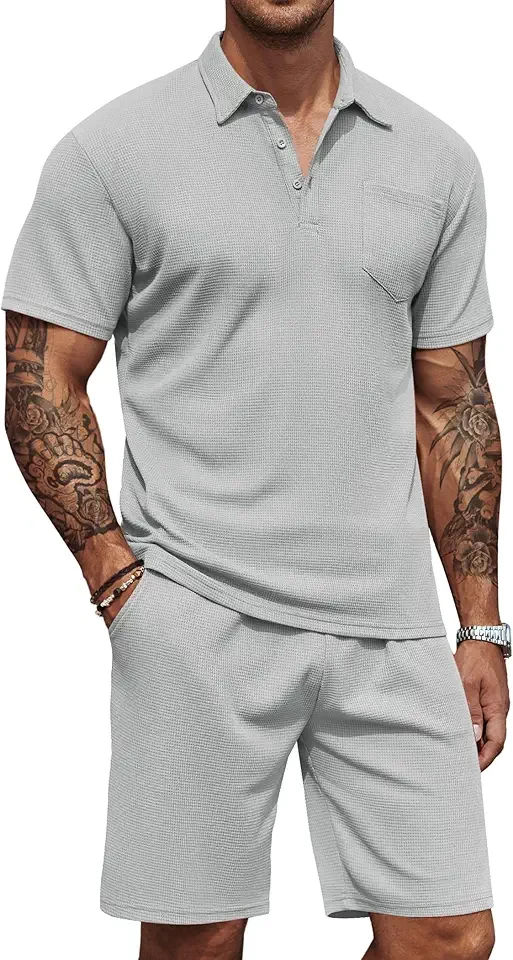 Men's Waffle Knit Polo Shirt and Shorts Set 2 Pieces Outfits Summer Suit Casual Tracksuit with Pockets
