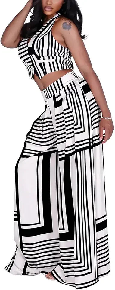 Women's 2 Piece Outfits Halter Crop Top Wide Leg Pants Set Geometric Print Backless Loungewear