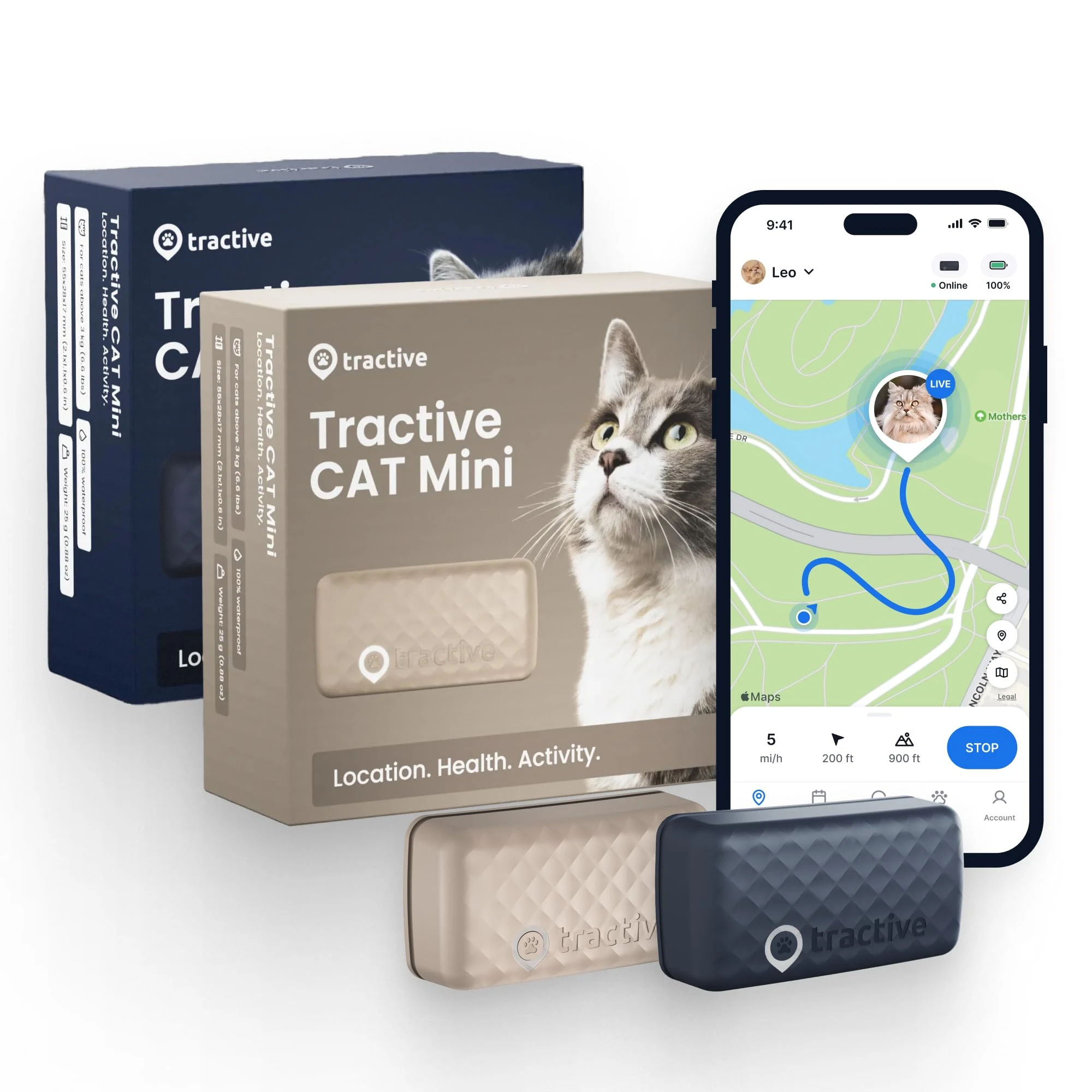 Tractive Smart Cat GPS Tracker | Real-Time Location & Wellness Monitoring for Cats 6.5 lbs+ | Territory & Location History | Up to 5-Day Battery | Breakaway Collar (Bundle of 2, Dark Blue & Brown)