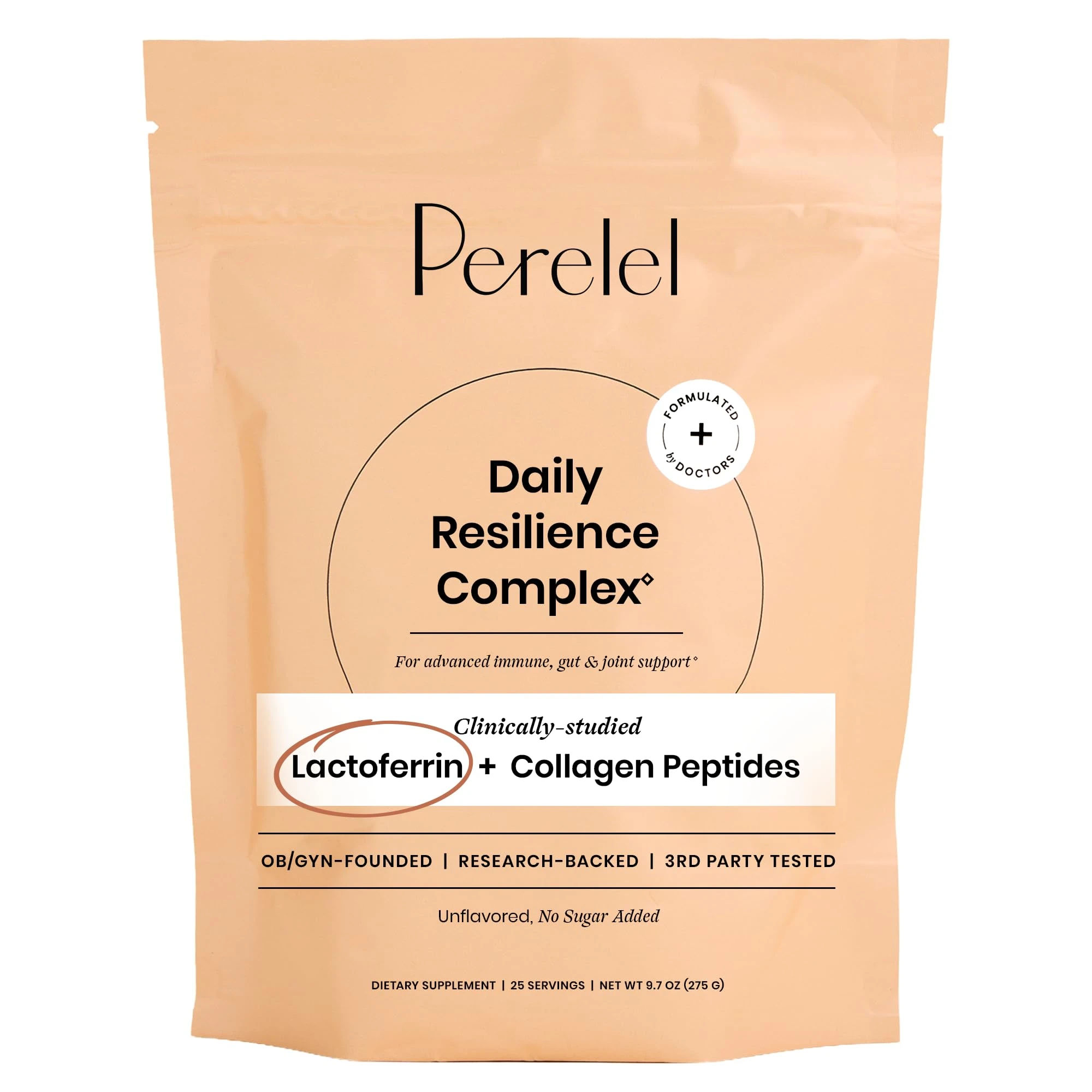 Perelel Daily Resilience Complex Powder for Women with Lactoferrin from Colostrum & Collagen Peptides, Immune & Gut Health Support, Pregnancy & Breastfeeding Safe, Gluten Free, Unflavored, 25 Servings