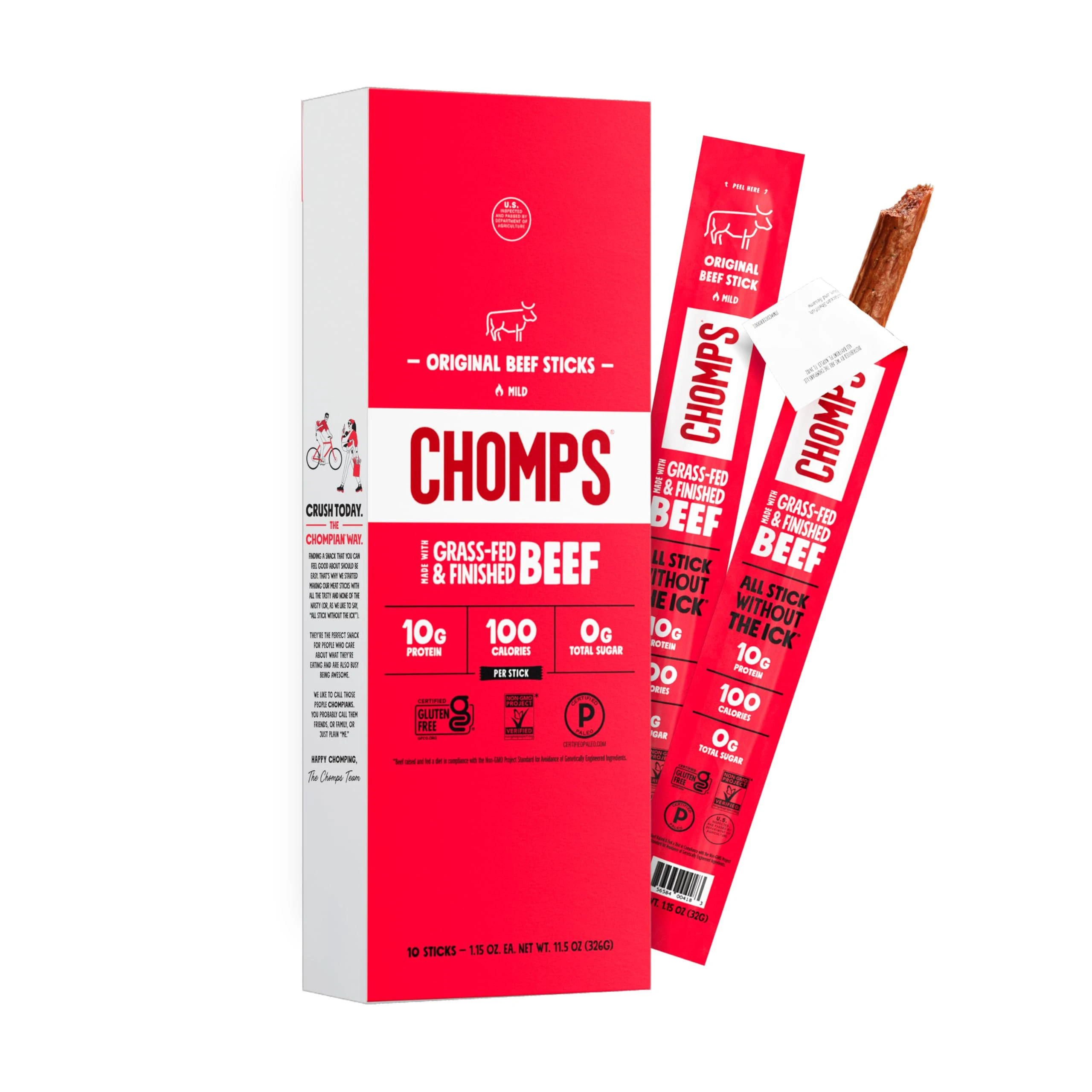 Chomps Grass-Fed and Finished Original Beef Jerky Snack Sticks 10-Pack - Keto, Paleo, Whole30, 10g Lean Meat Protein, Gluten-Free, Zero Sugar Food, Non-GMO