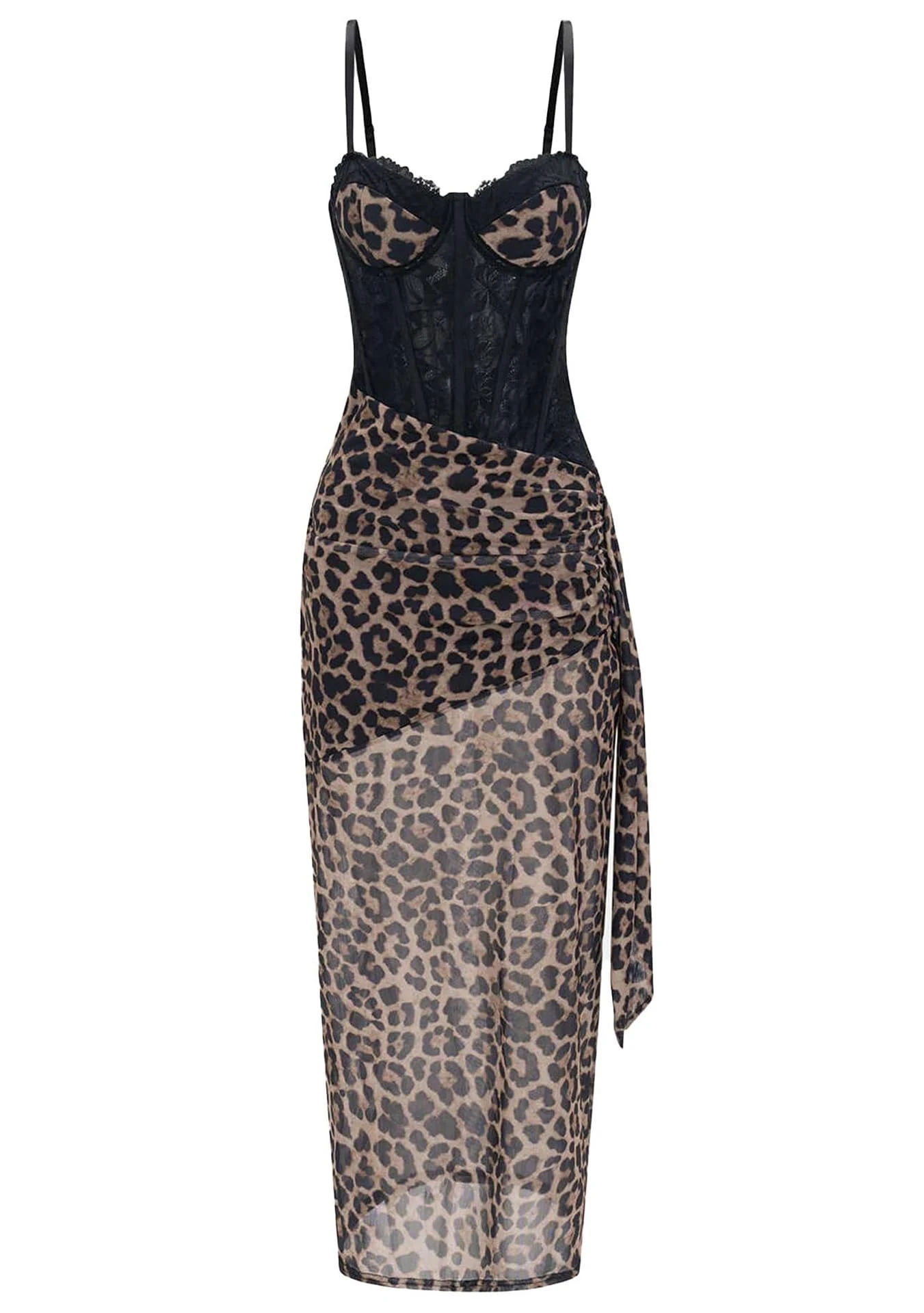 Women's Leopard Print Bustier Lace Slip Sleeveless Maxi Dress Bodycon Spaghetti Strap Long Dress