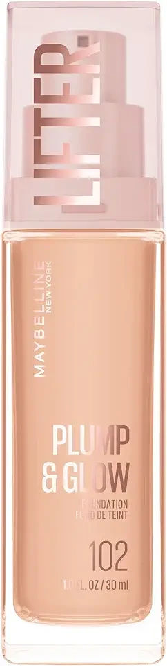 Maybelline Lifter Plump & Glow Foundation, Liquid Foundation with 2% Niacinamide + Hyaluronic Acid, Plumping and Brightening Face Makeup, 102, 1 Count