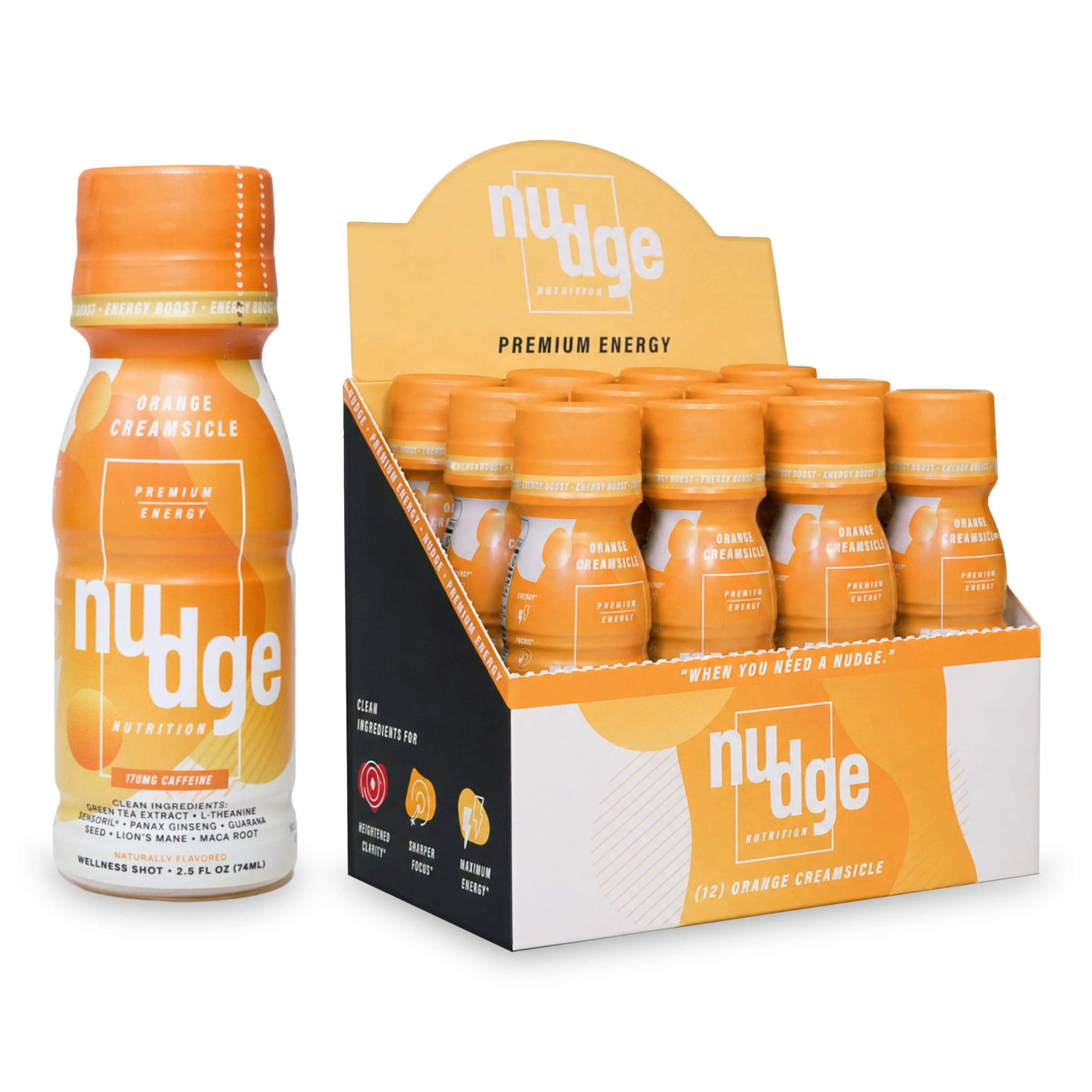 Nudge Orange Creamsicle Energy Shots – 170mg Natural Caffeine for Focus & Clean Energy | Ginseng, Guarana, Lion’s Mane & Maca | No Jitters, No Crash | 2.5oz Wellness Shots (Pack of 12)