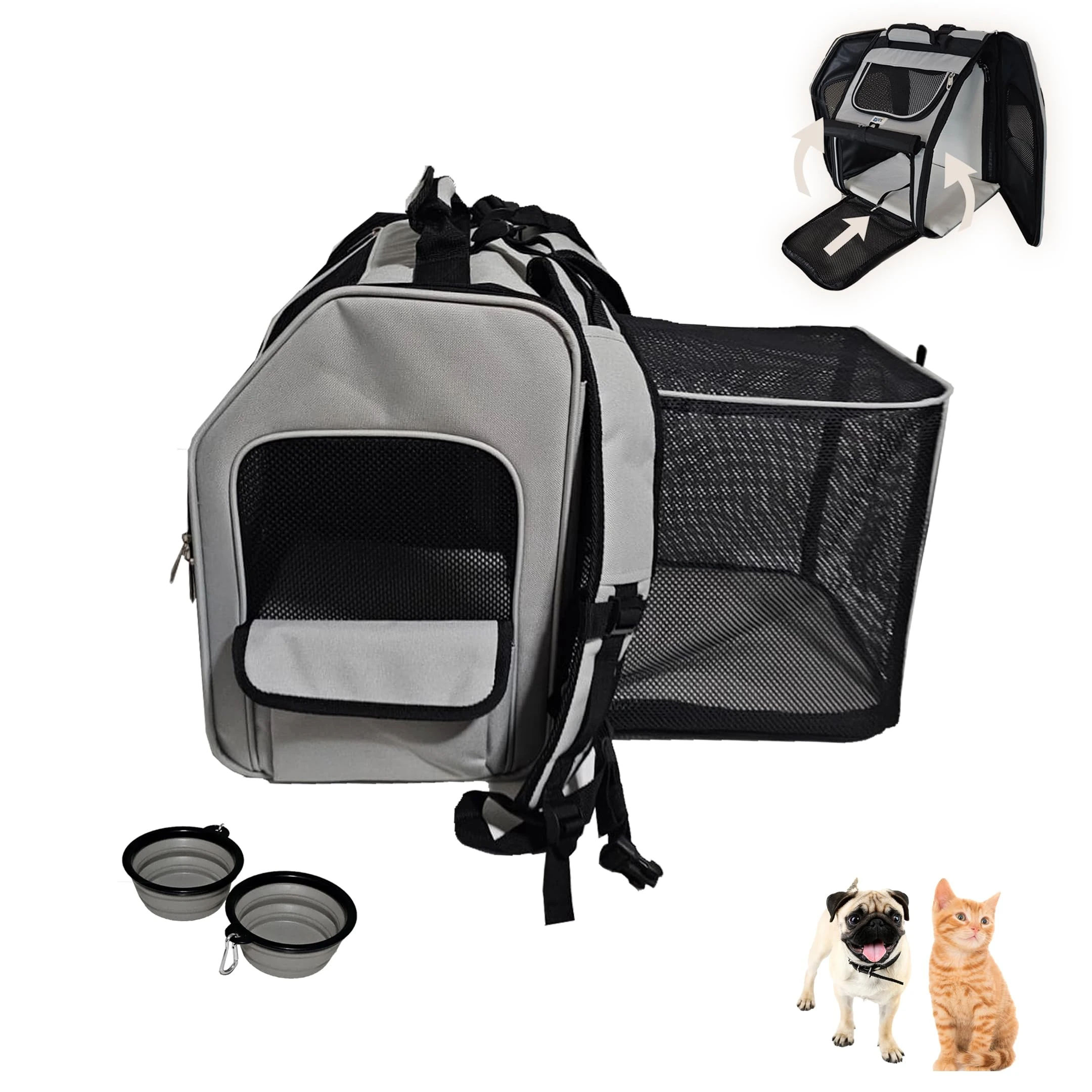 Expandable Pet Backpack Carrier – Dog & Cat, Bonus 2 Collapsible Pet Bowls, Travel Bag with 4-Way Entry, Mesh Windows, Storage Pockets, Secure Zippers, Washable Cushion