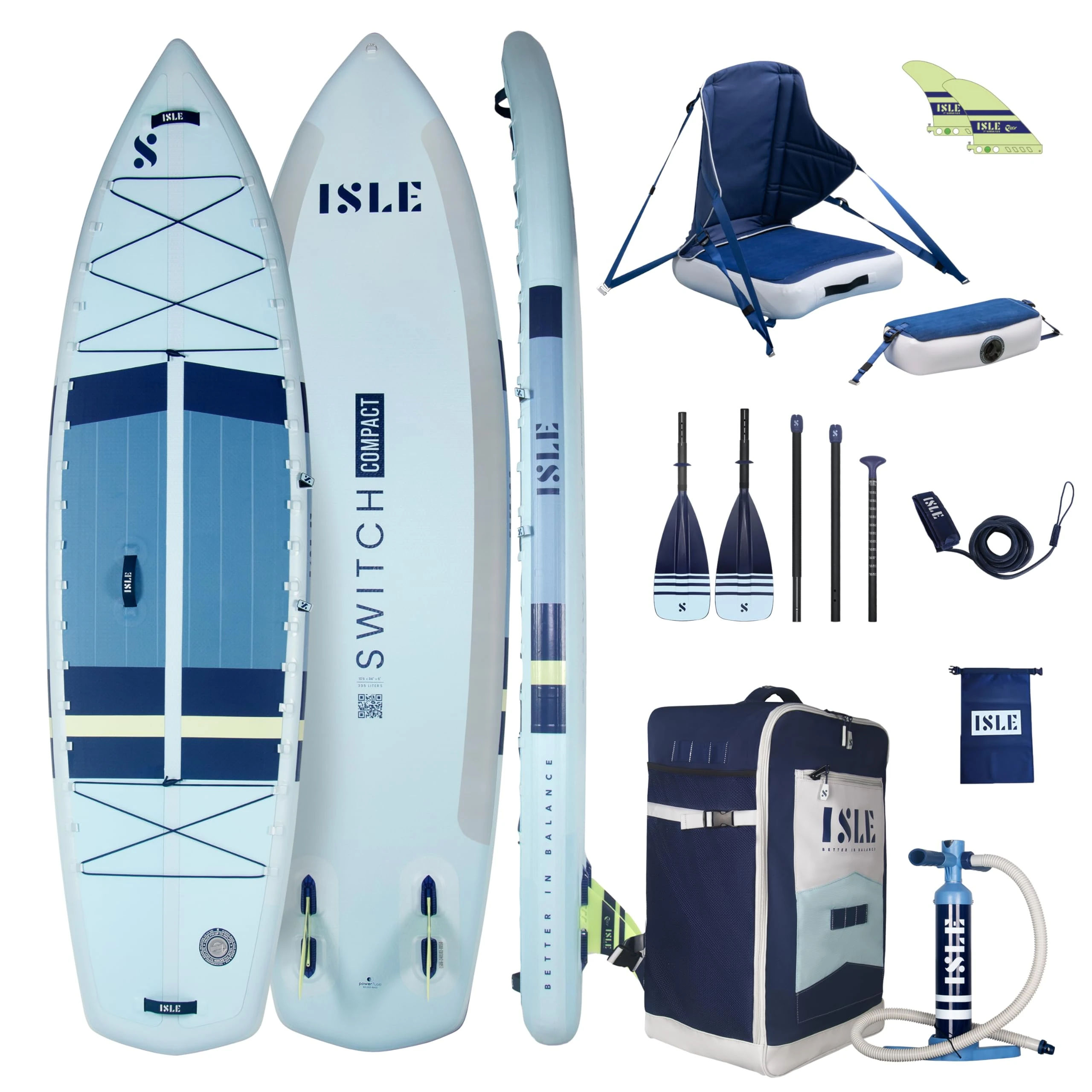 ISLE Switch Compact Inflatable Hybrid Kayak-Stand Up Paddle Board | 2in1- Kayak & Paddle Board Bundle, Incl. Kayak Seat, Foot Brace, Paddle, Fin, Hand Pump, Bag, 10.6" - Ice/Slate/Lumin/Navy