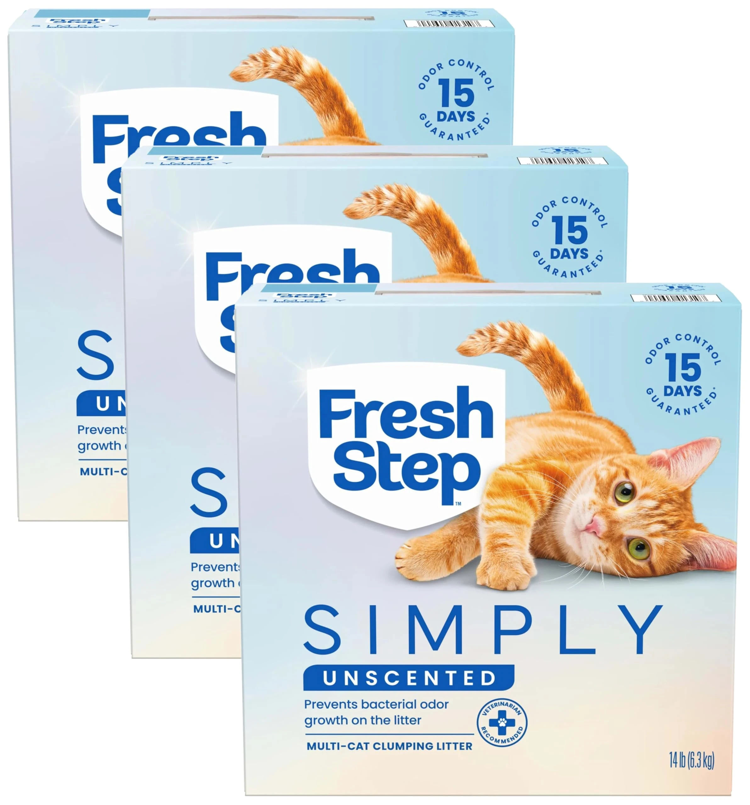 Fresh Step Simply Unscented Multi Cat Clumping Cat Litter, Low Dust, Odor Control with Activated Charcoal Tech, Compatible in Automatic Litter Boxes, 14 lb. (Pack of 3)