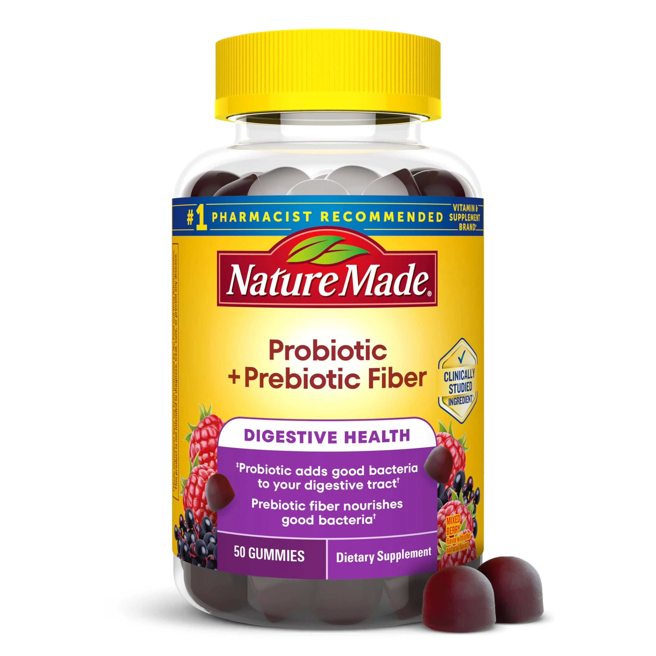 Nature Made Probiotic + Prebiotic Fiber Gummies for Daily Gut Health, Fiber Supplement with Probiotics for Digestive Health Support, 50 Gummies, 25 Day Supply