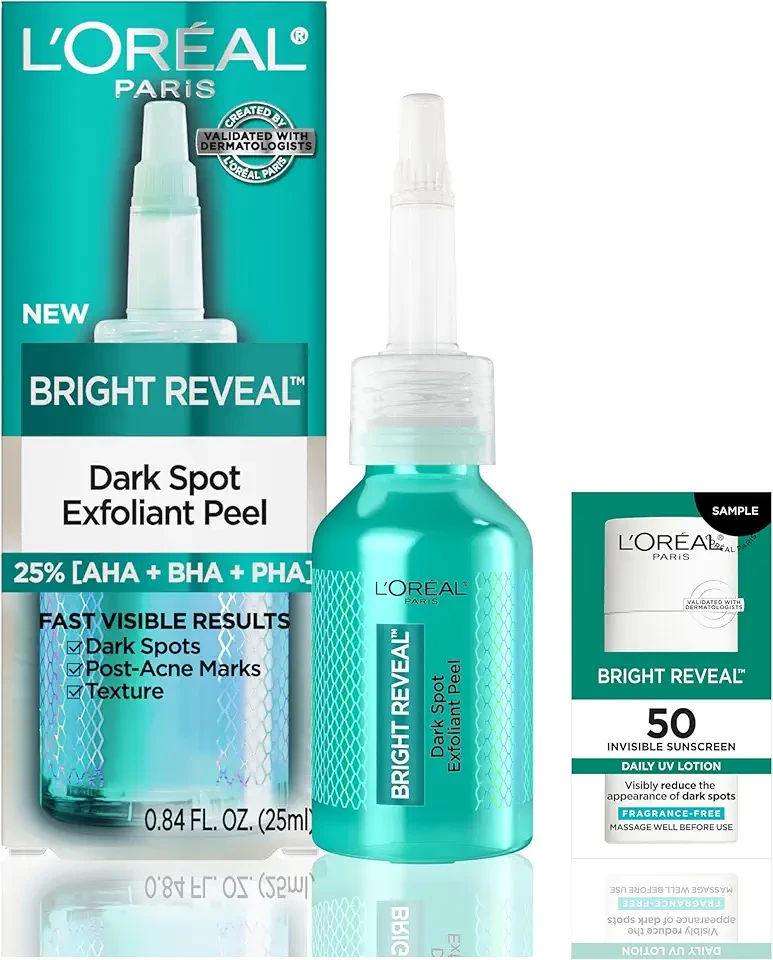 Bright Reveal Dark Spot Exfoliant Peel, 25% AHA BHA PHA Face Exfoliator Solution, Gentle Skincare to Visibly Reduce Dark Spots and Renew Skin Texture, Includes SPF Lotion Sample