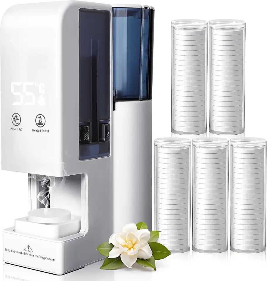 Hot Face Towel Heater Machine, Automatic Disposable Towel Warmer with Steam, 5-Second Heating, 55°C Constant Temperature, Portable Face Towel Steamer (1PC Towel Machine+100PCS Towels)