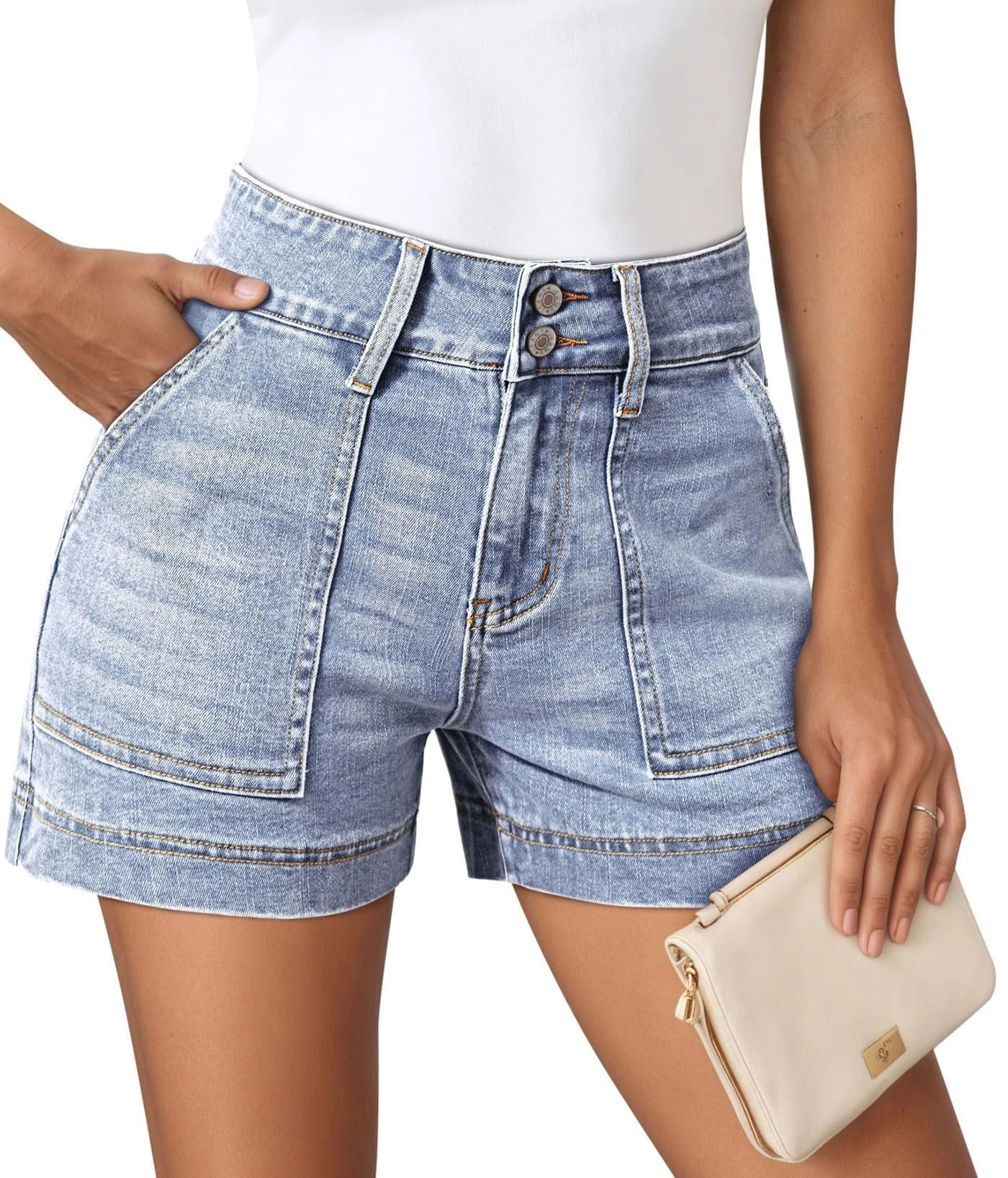 Pink Queen Women's High Waisted Denim Shorts 2026 Casual Summer Hot Short Jeans Vintage Patch Pocket Jeans Shorts