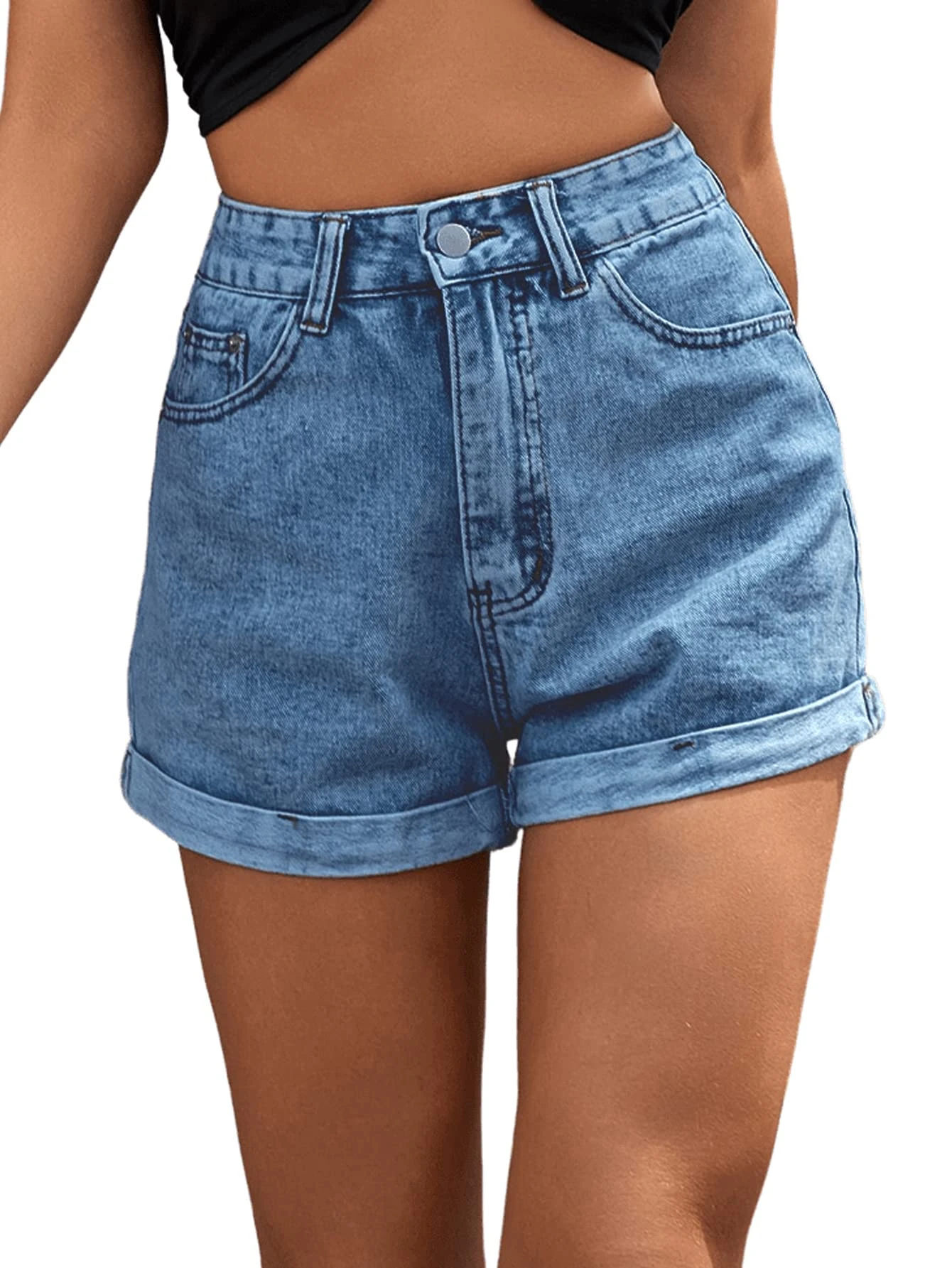 SweatyRocks Women's High Rise Roll Up Hem Straight Leg Denim Jean Shorts with Pocket