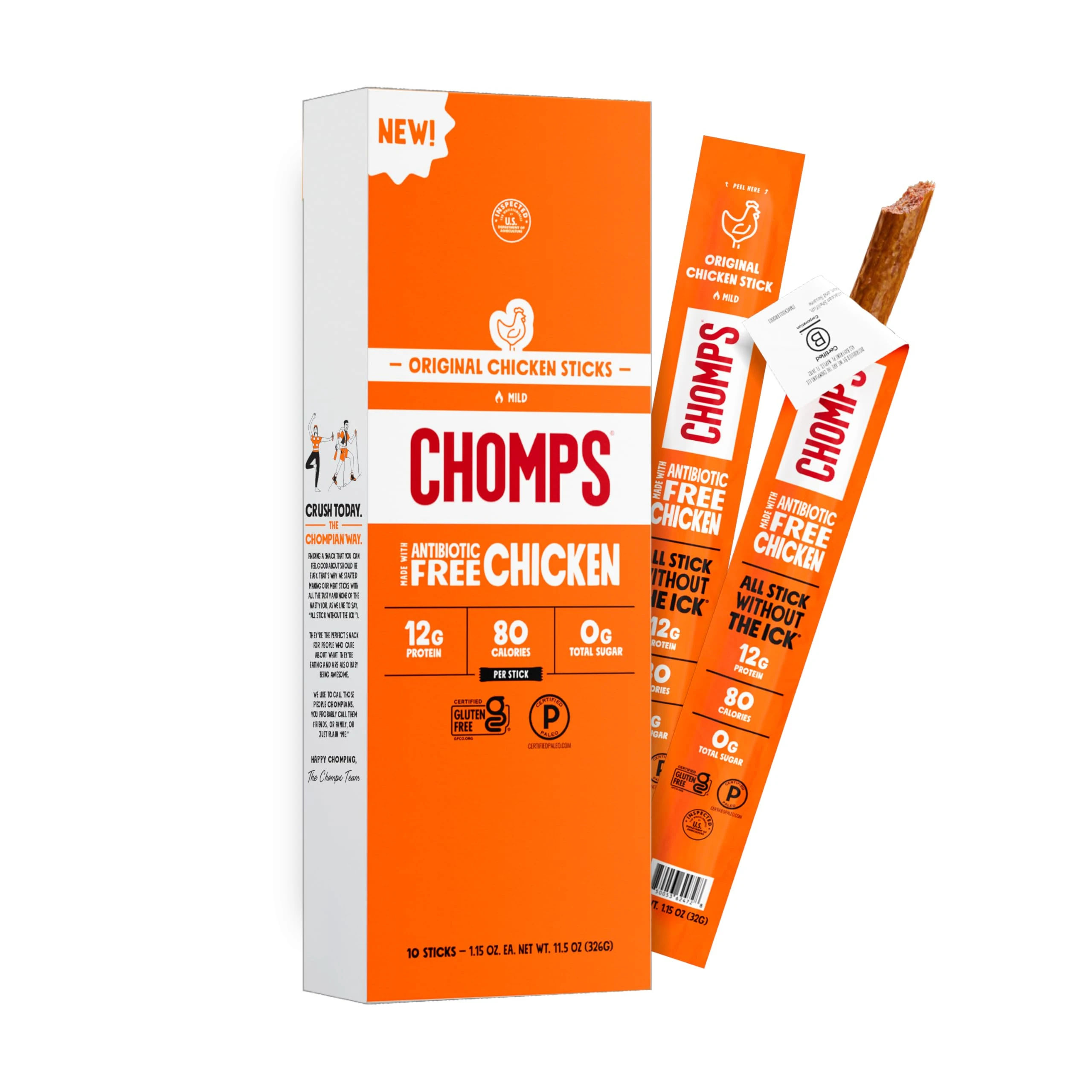 Chomps Original Chicken Jerky Meat Snack Sticks 10-Pack - Keto, Paleo, Low Carb, Whole30 Approved, 12g Lean Meat Protein, Gluten Free, Antibiotic Free, Zero Sugar Food