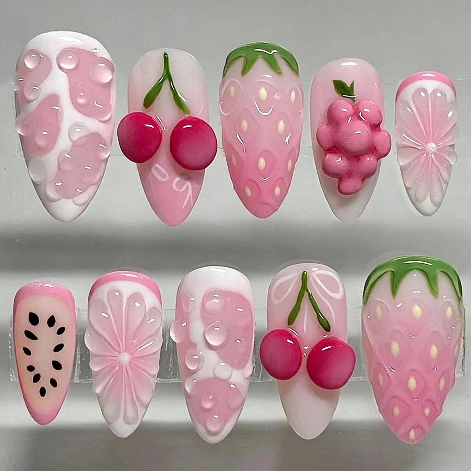 3D Pink Fruit Press on Nails, Medium Almond Fake Nails with Strawberry, Cherry & Flower Designs, Glossy Sweet Cute Summer False Nails Press-on Nail Adhesive Tabs for Women 30Pcs Nail Kit