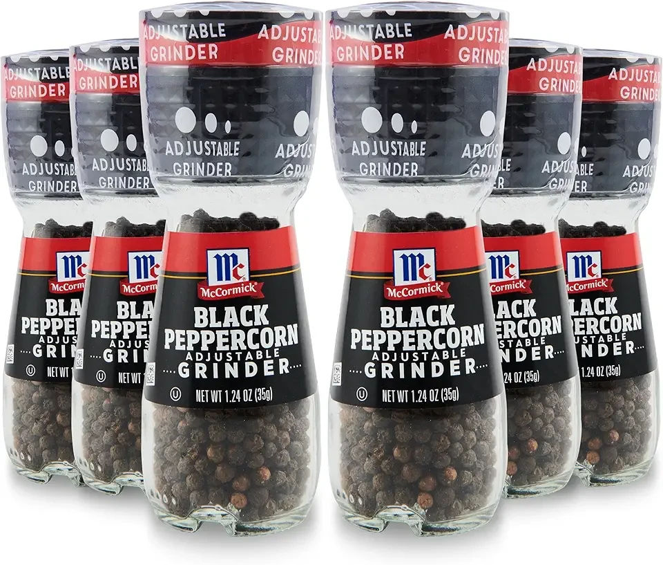 Black Peppercorn Grinder, 1.24 oz (Pack of 6) - One 6 Pack of 1.24 Ounce Glass Bottles of Black Peppercorn Grinders, Best for Tabletop Use
