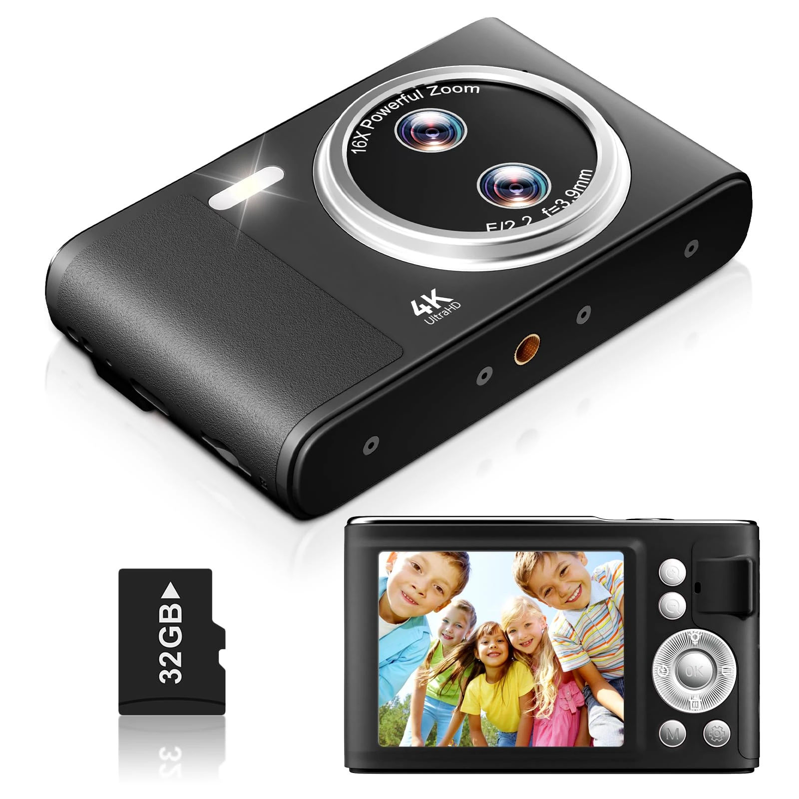 Digital Camera for Kids, 48MP FHD 1080P Autofocus Camera with 16x Zoom, Anti Shake Compact Point and Shoot Camera with 32GB Card for Beginners, Black
