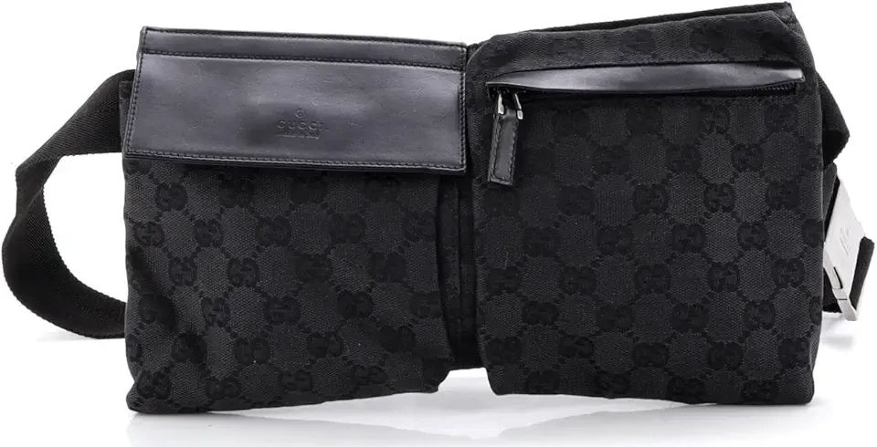 Pre-Loved Vintage Double Belt Bag GG Canvas with Leather, Black