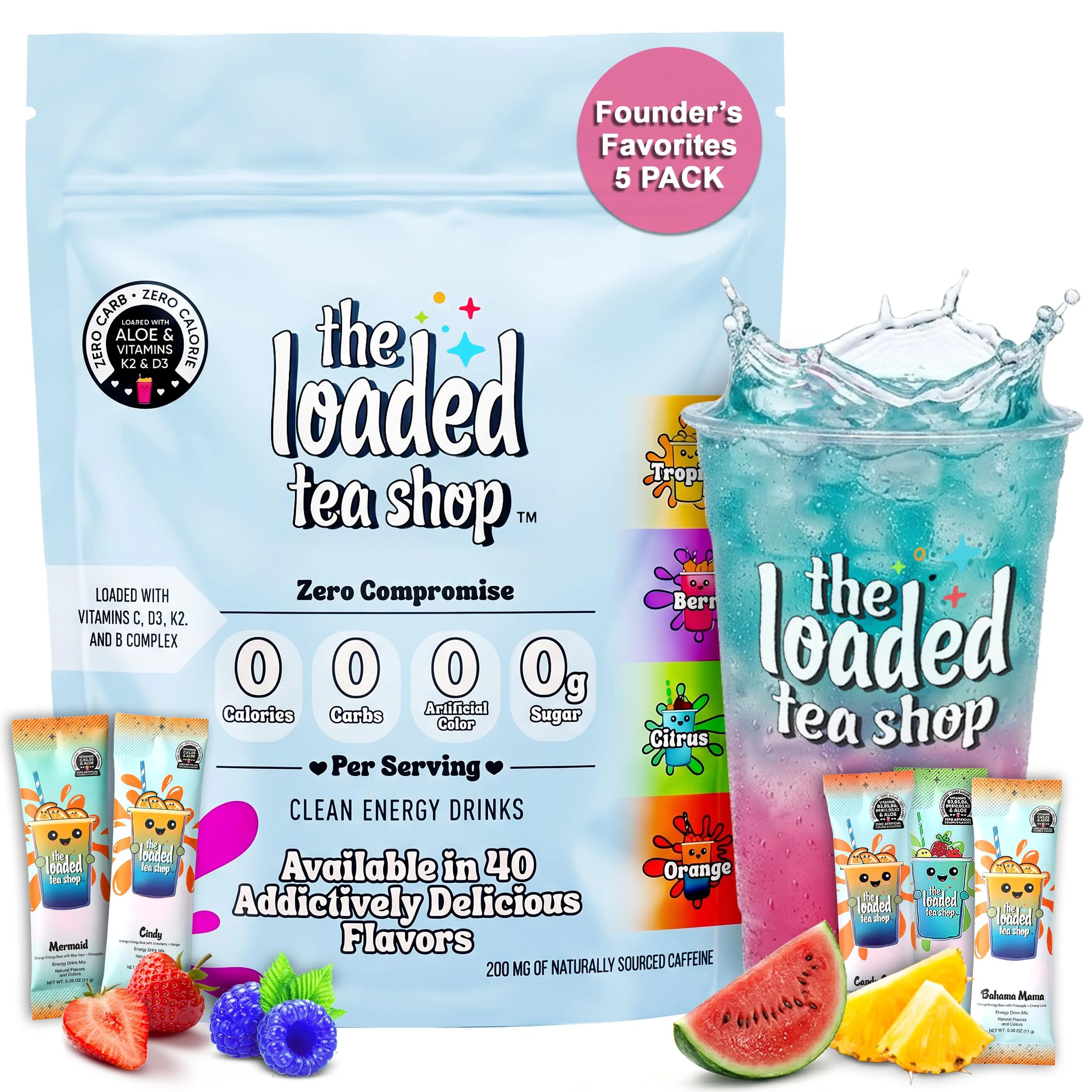 The Loaded Tea Shop Energy Drink Mix Sticks, Founder’s Favorites 5 Pack, Sugar-Free, Zero Calories, 200mg Natural Caffeine, No Artificial Colors/Flavors, Powder Packets w/ B Vitamins - Energy Drink Alternative