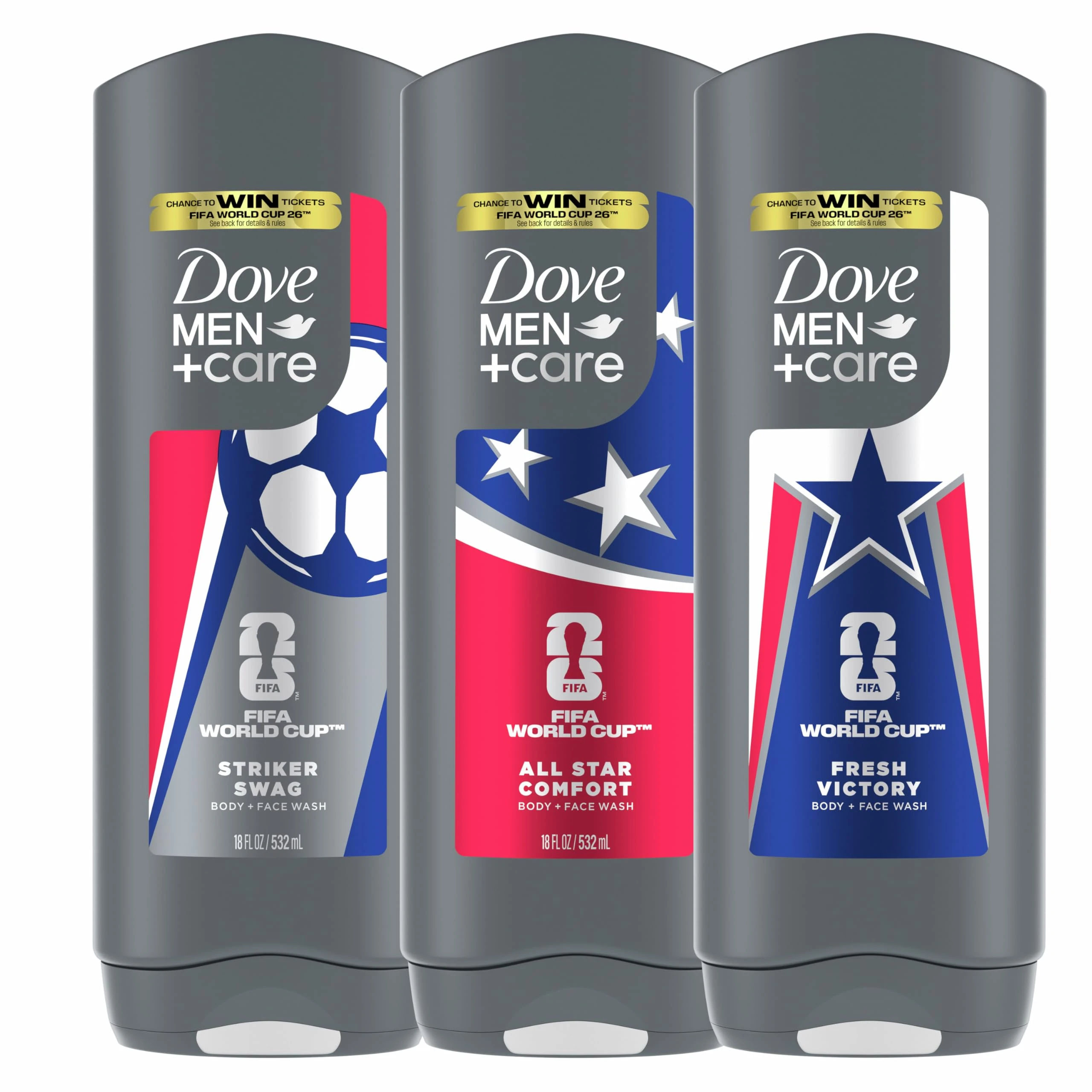 Dove Men+Care FIFA World Cup 2026 Limited Edition Body & Face Wash Mixed Pack, MicroMoisture Hydration & Skin Strengthening, 3‑Count