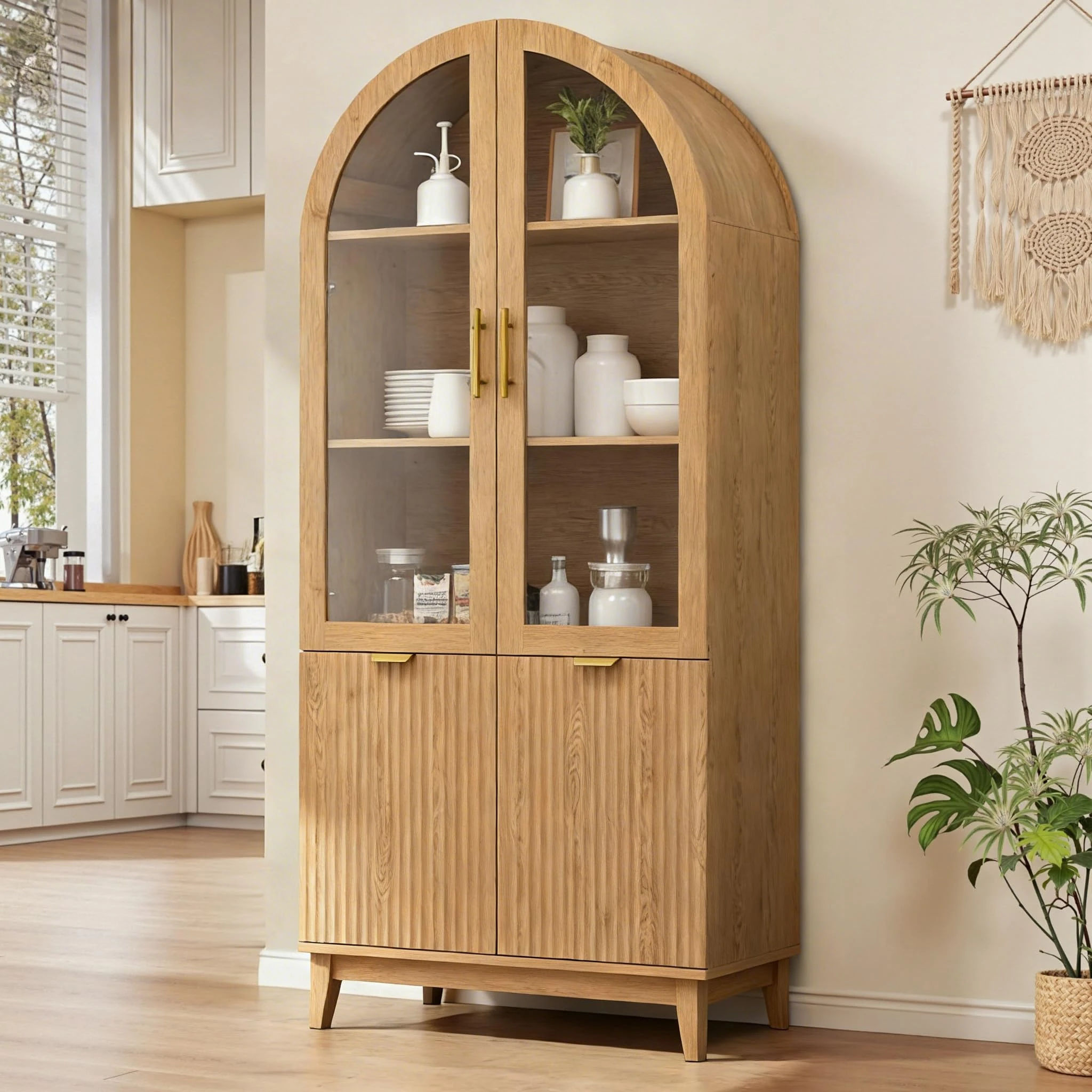 Pamapic 71" Tall Arched Cabinet, Fluted Kitchen Pantry with Glass Doors & Adjustable Shelves, Arch Storage Cabinet, Wooden Pantry for Dining Room, Living Room (Natural)