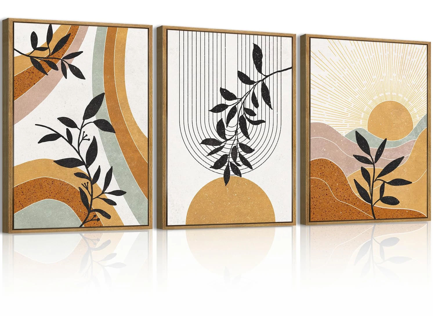 BINCUE Boho Line Wall Art Abstract Plants Wall Decor Mid Century Modern Artwork Framed Boho Abstract Paintings Orange Abstract Wall Pictures Orange Art Prints for Living Room Bedroom Office Farmhouse 12"x16" Set of 3