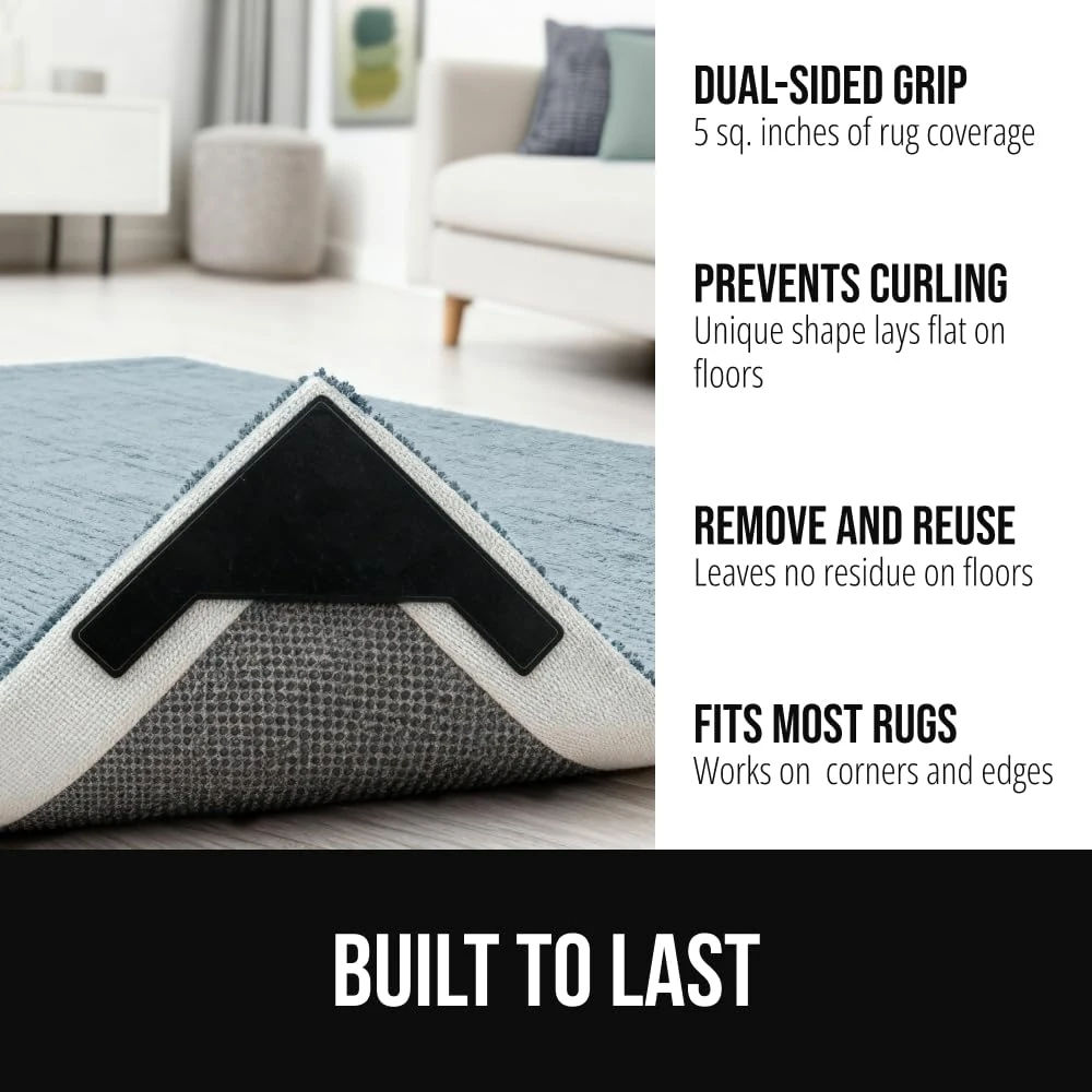 GORILLA GRIP® 8 Pack Extra Wide Dual Sided Rug Gripper Pads, Holds Carpet in Place on Hardwood Floors and Tile, Removable Reusable Sticky Corner Grippers, Universal Fit Floor Pad for Under Area Rugs