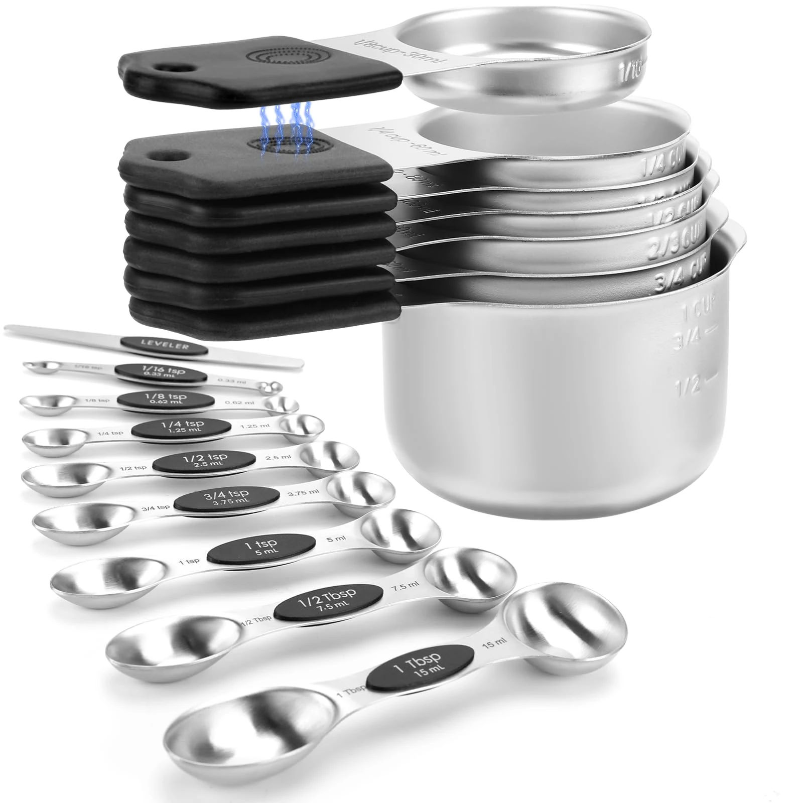 Magnetic Measuring Cups and Spoons Set-Heavy Duty 304 Stainless Steel，Double Measurement Markings，Set of 16 with Leveler for Measure Dry and Liquid Ingredients (Black)