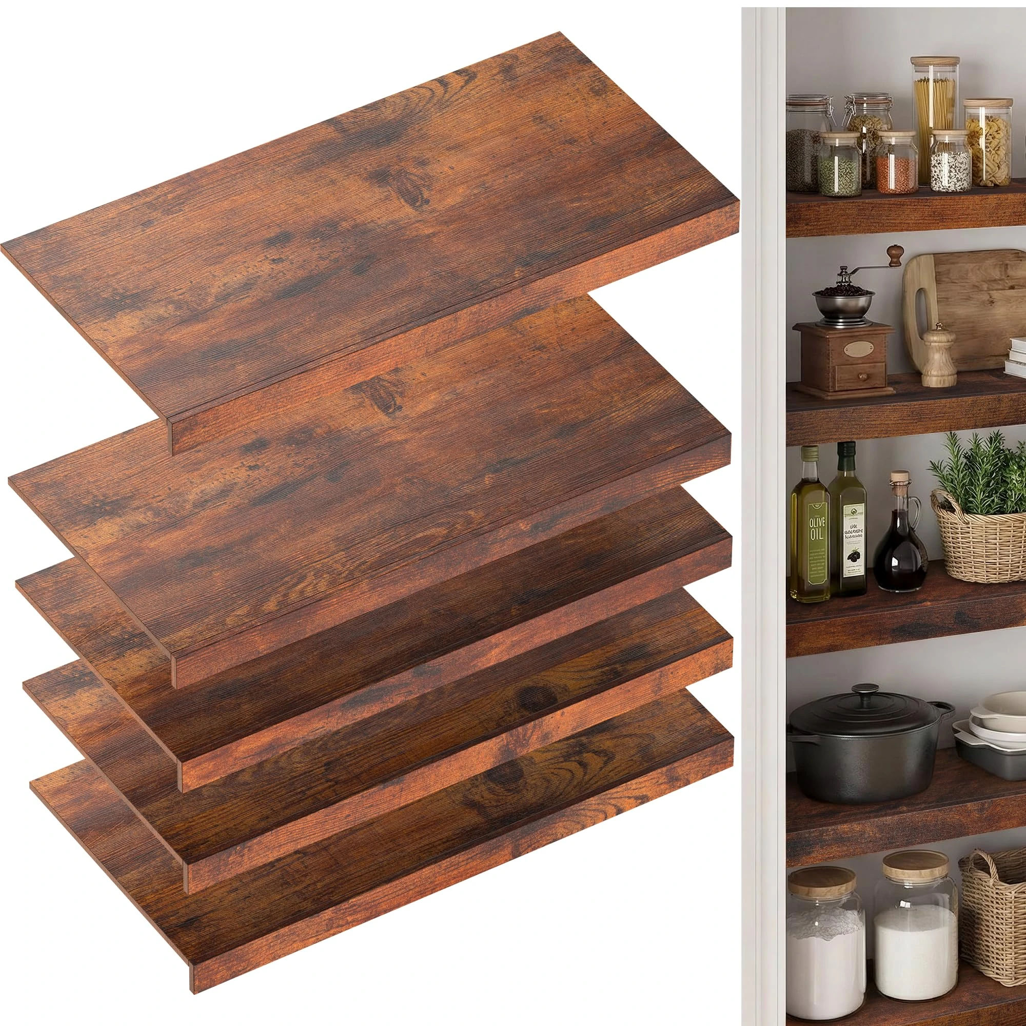 Wire Shelf Covers for Pantry, Premium Engineered Wood Shelf Covers for Wire Shelving, Wire Rack Covers for Closet, Laundry Room, Easy Assembly, Rustic Brown (5pcs, 30" W x 12" D), Patent Pending