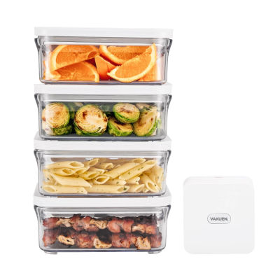 VAKUEN Premium Airtight Food Storage Container. Meal Prep 0.85qt 5pc/Set. 4pcs Container and Vacuum Sealer. Patented Double Silicone Lining, 100% Leak Proof, BPA-FREE