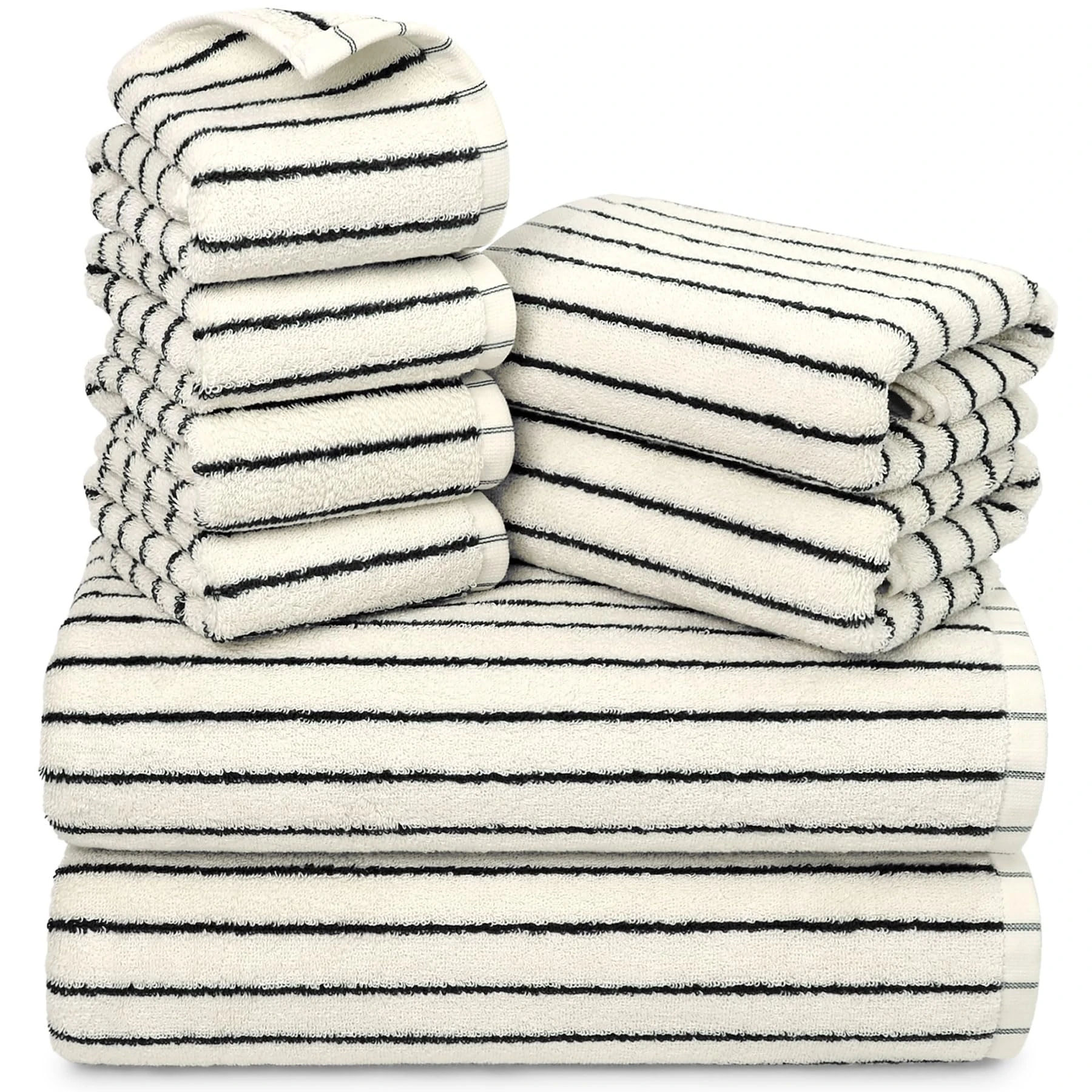 Jacquotha 8 Piece Black and Ivory Towel Set, Super Soft & Absorbent Cotton Striped Towels for Bathroom Decor, 2 Bath, 2 Hand, 4 Washcloths