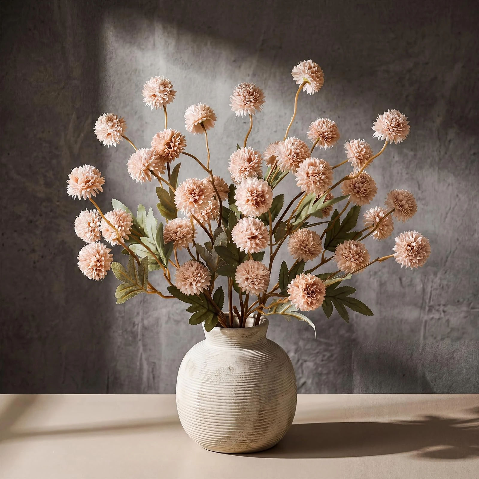 CEWOR 5 Pcs Faux Silk Pompon Mum Artificial Flowers for Vase, Bulk Fake Chrysanth Branches with Stems for DIY Bouquet Centerpieces Decor Wedding Floral Arrangements (Beige)