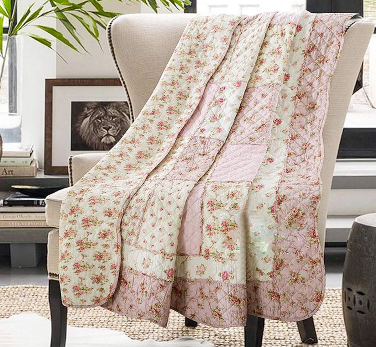 Cozyholy Original 100% Cotton Quilt Pink Floral Patchwork Quilts Quilted Throw Blanket, Reversible Bedspread Coverlet Vintage Shabby Chic Cottage Bedding Quilt for Bed Couch Sofa