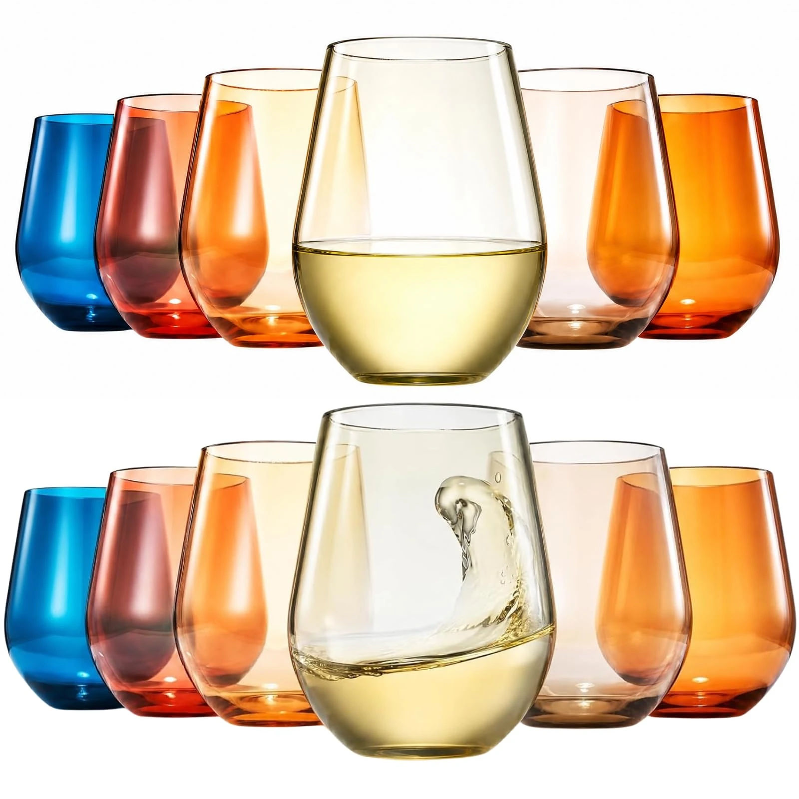 Khen European Style Shatterproof Tritan Stemless Wine Glasses, Acrylic Glass Drinkware, Unbreakable Colored, 12- Set - BPA-free plastic, Reusable, Dishwasher Safe, All Purpose Glassware 15oz - (Muted)
