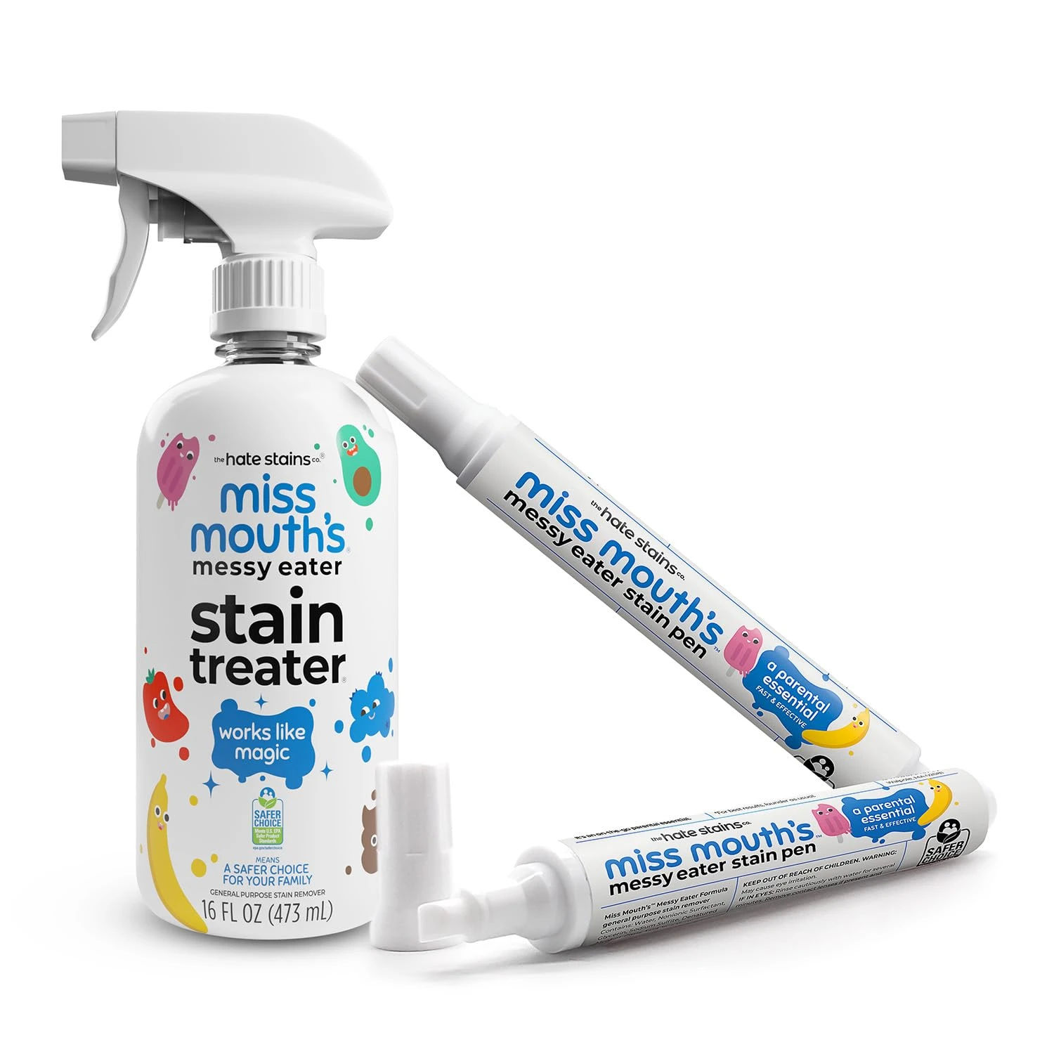 Miss Mouth's Messy Eater Stain Treater - 16oz Spray & Portable Remover Pens 2-Pack - Spot Cleaner for Clothes, Carpet & On-the-Go - Baby Stain Spray