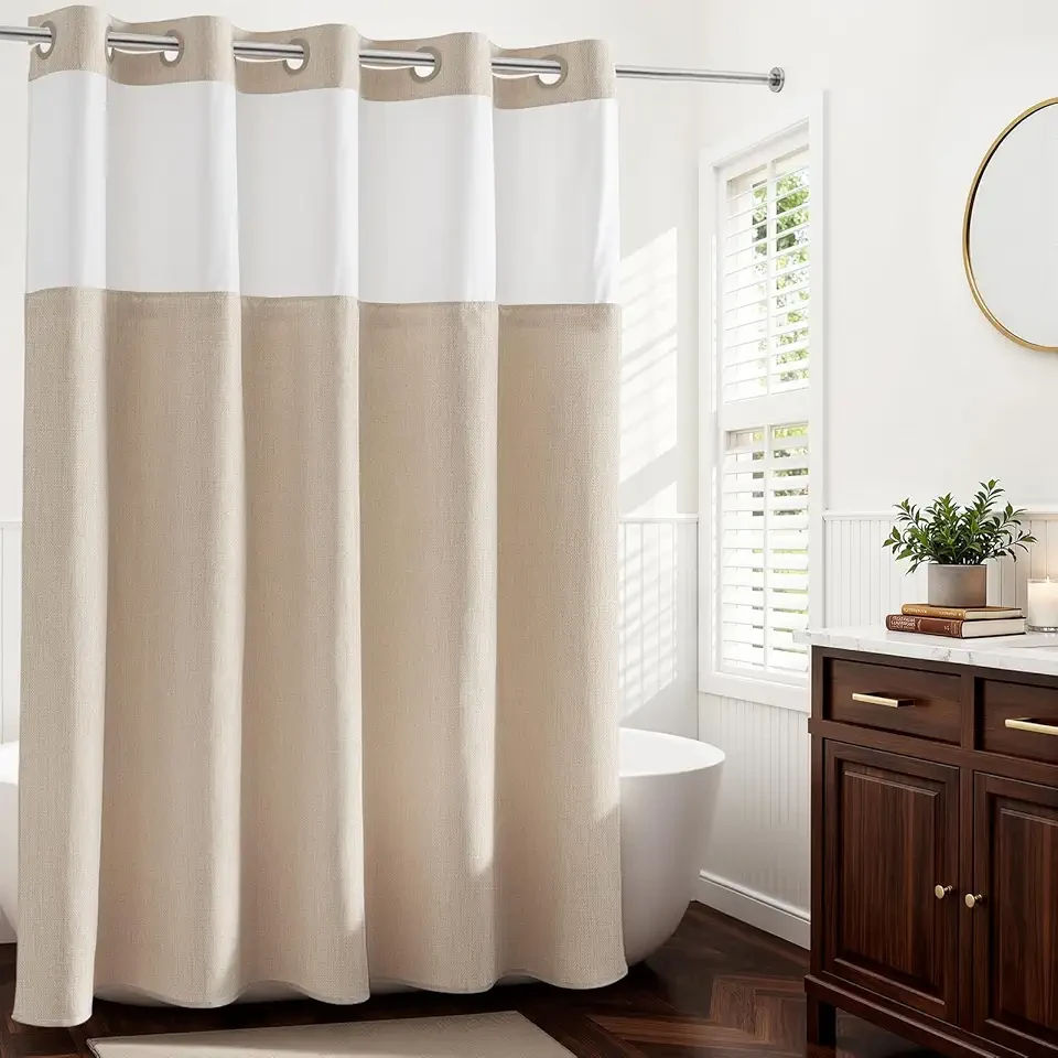 River Dream Linen Textured No Hook Shower Curtain with Snap-in Liner, Farmhouse Quick Dry Fabric Shower Curtain for Bathroom,Rustic Bathroom Set,See-Through Top Window,Water-Repellent,Linen,71Wx74L