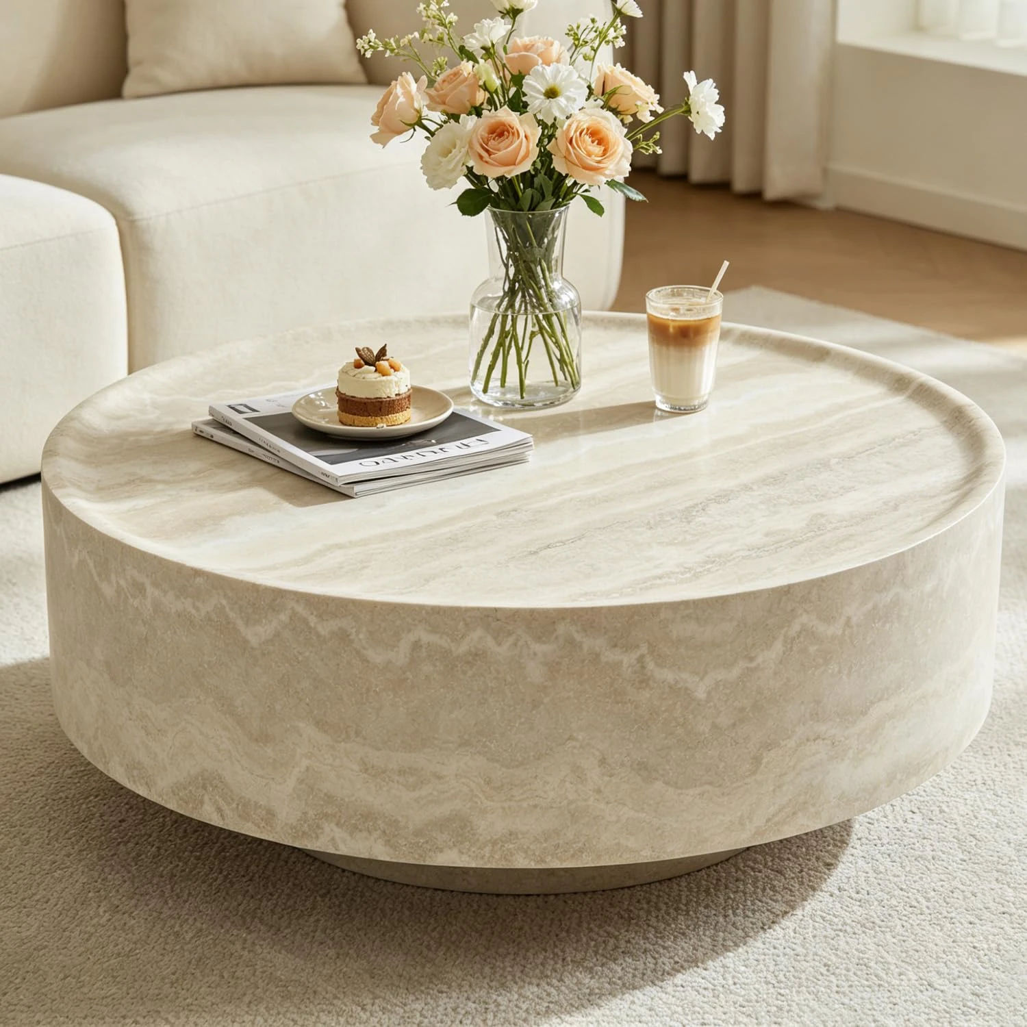 Faux Marble Round Coffee Table, 31.5" Luxury Circle Coffee Table, Drum Stone Center Table, Beige End Table, Minimalist Sofa Accent Table for Living Room Apartment Office